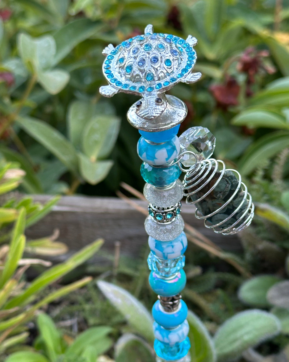 Fairy Wand Garden Stake in Blue With a Turtle Top and Rainforest Rhyolite Charm