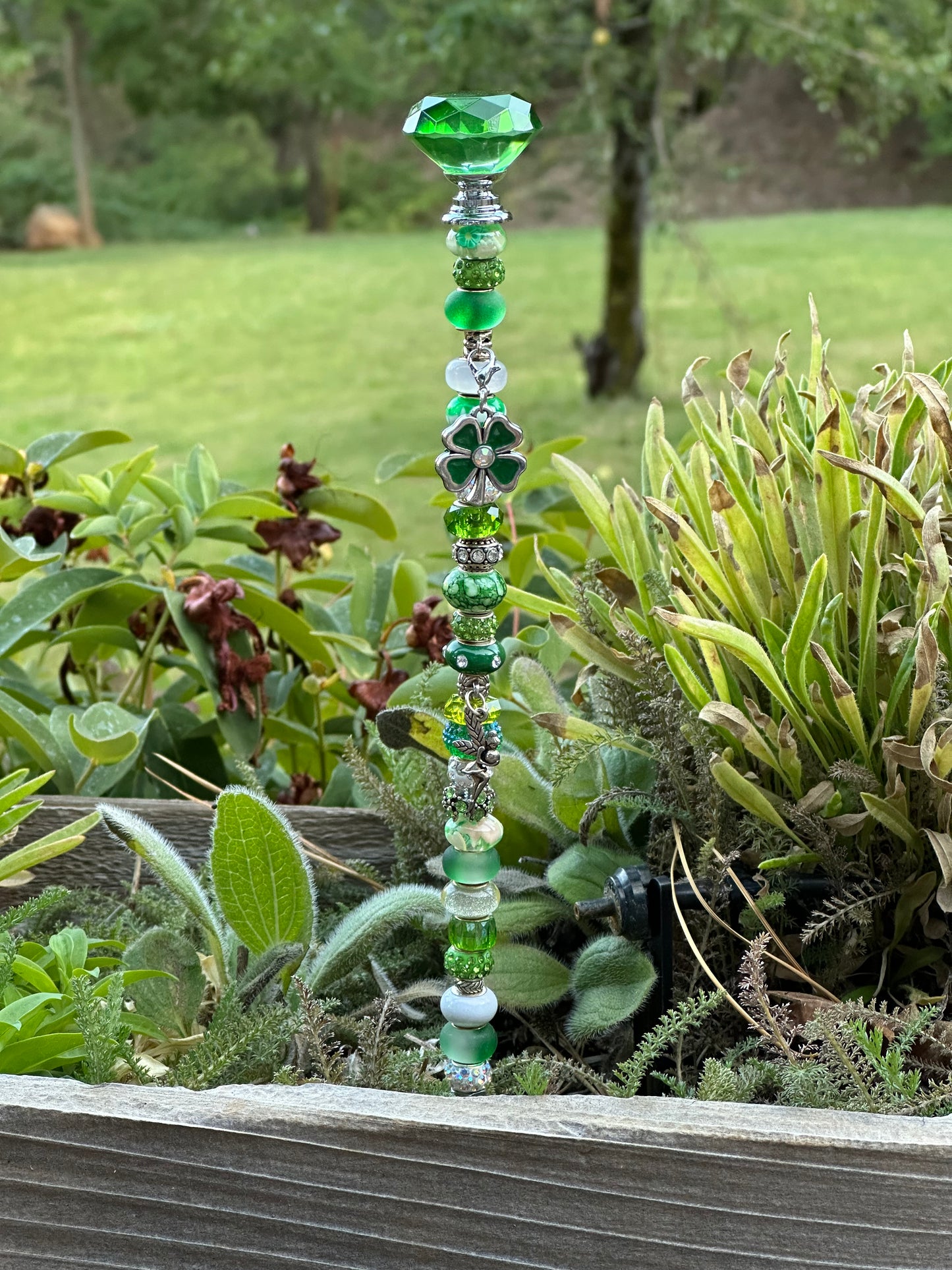 Fairy Wand Garden Stake in Green and White With Fairy and Four Leaf Clover Charms