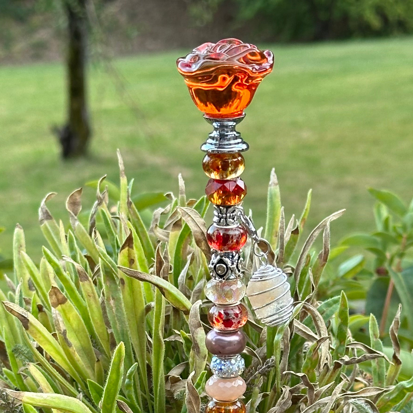 Amber & Orange Fairy Wand Garden Stake with Crystal Rose & Citrine Charm
