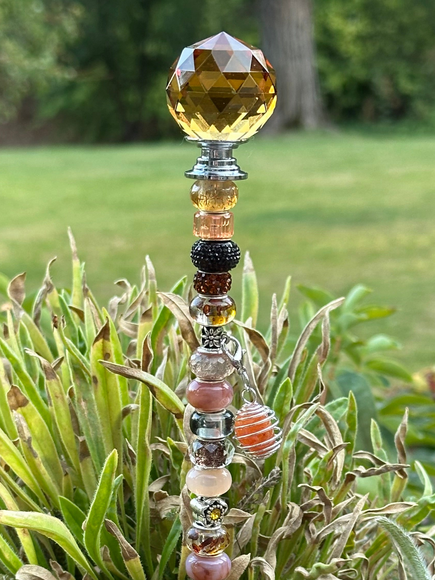 Fairy Wand Garden Stake in Amber, Topaz and Black With Carnelian Charm
