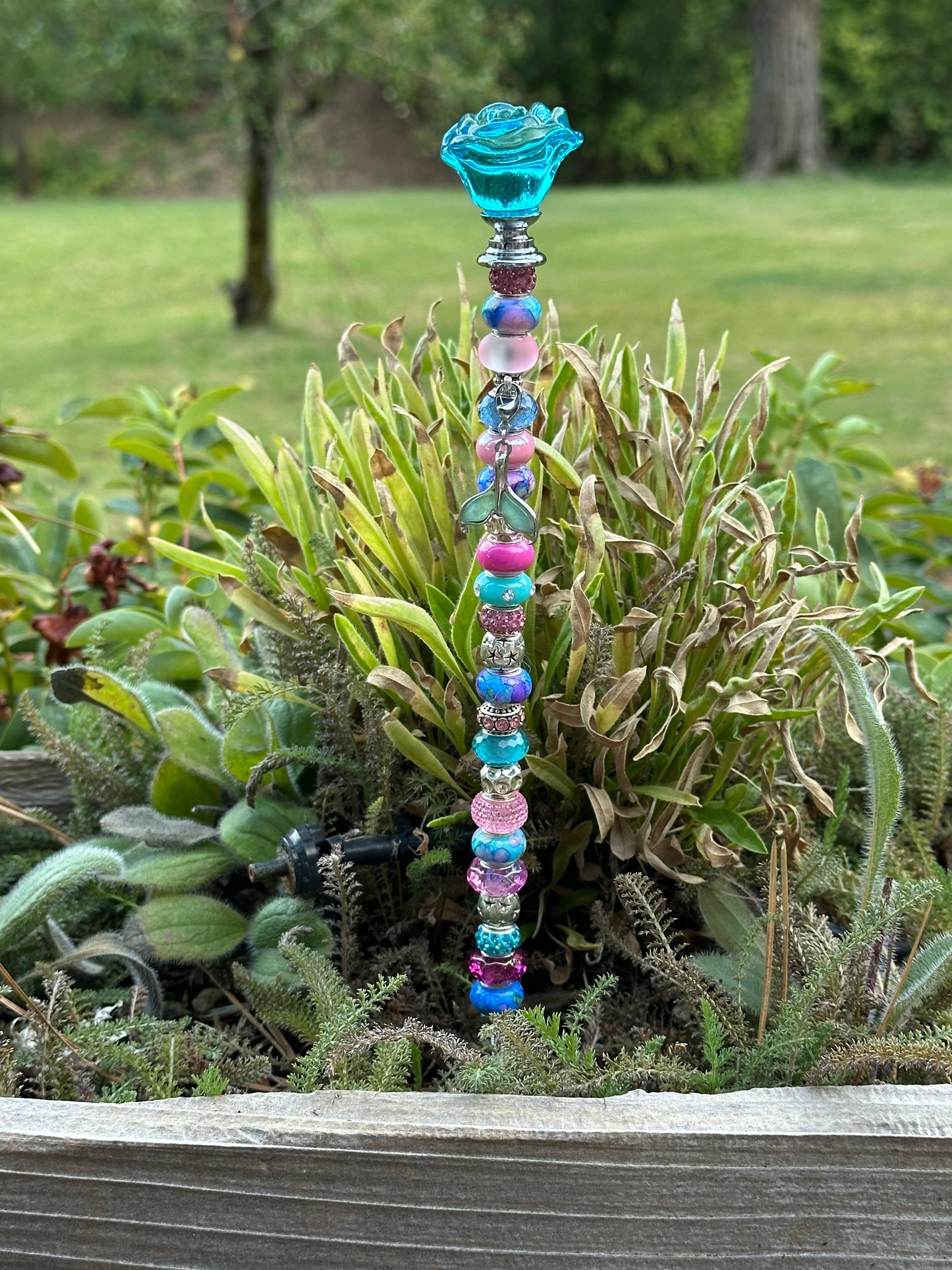 Fairy Wand Garden Stake in Blue and Pink With a Mermaid Tail Charm