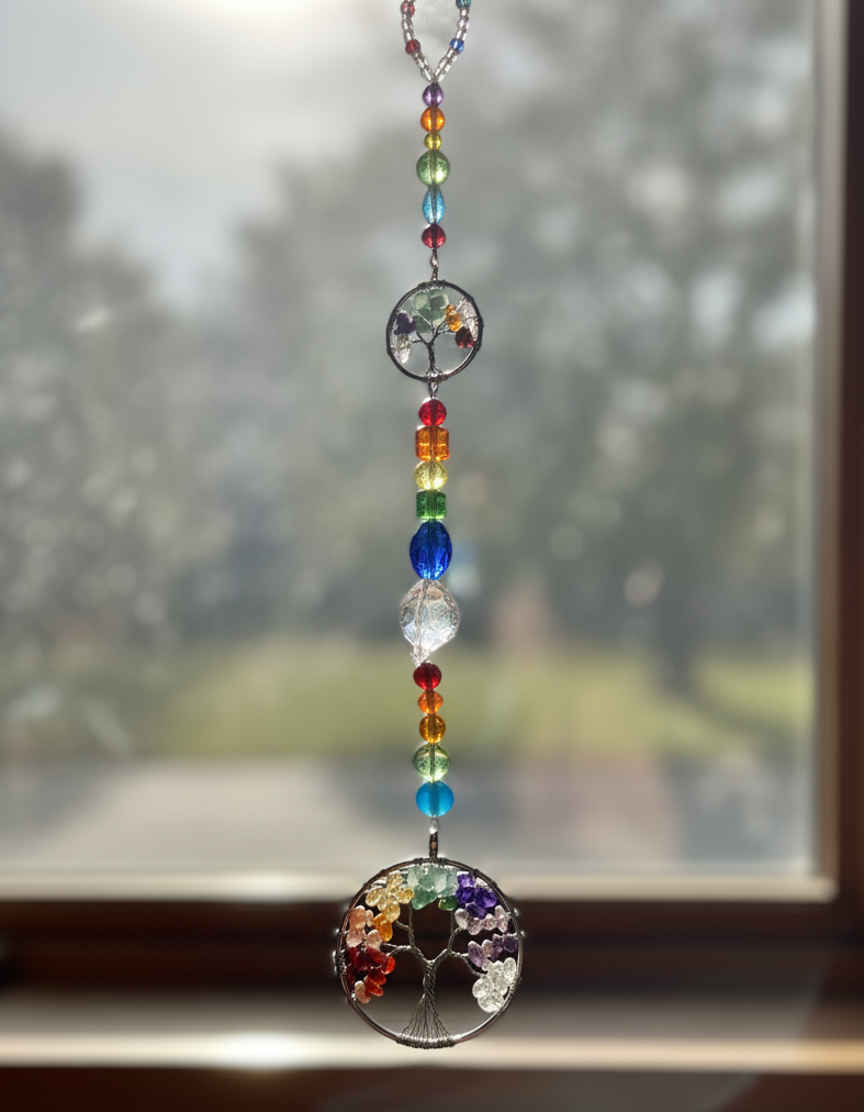 Chakra Tree of Life Suncatcher/Wall Art – Dual Tree Design with Faceted Glass Beads in Rainbow Shades