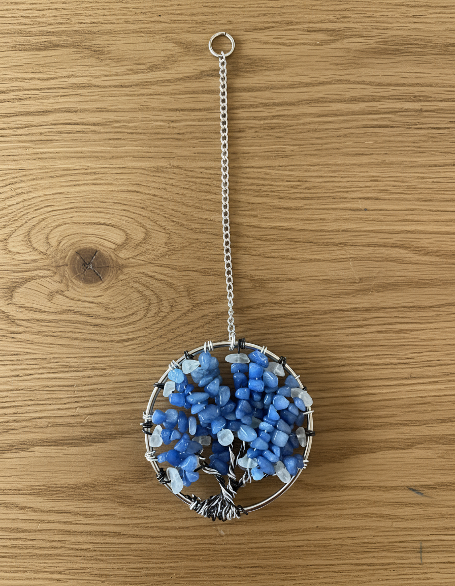 Aqua Quartz, Quartz Spike, Silver & Black Tree of Life - 3-Inch Wall/Window Hanging