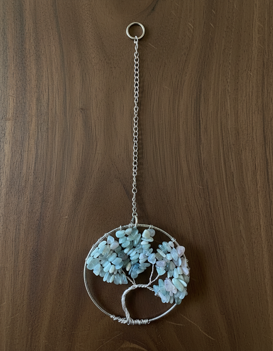 Morganite & Silver Tree of Life - 3-Inch Wall/Window Hanging (Repurposed Silver Bangle)