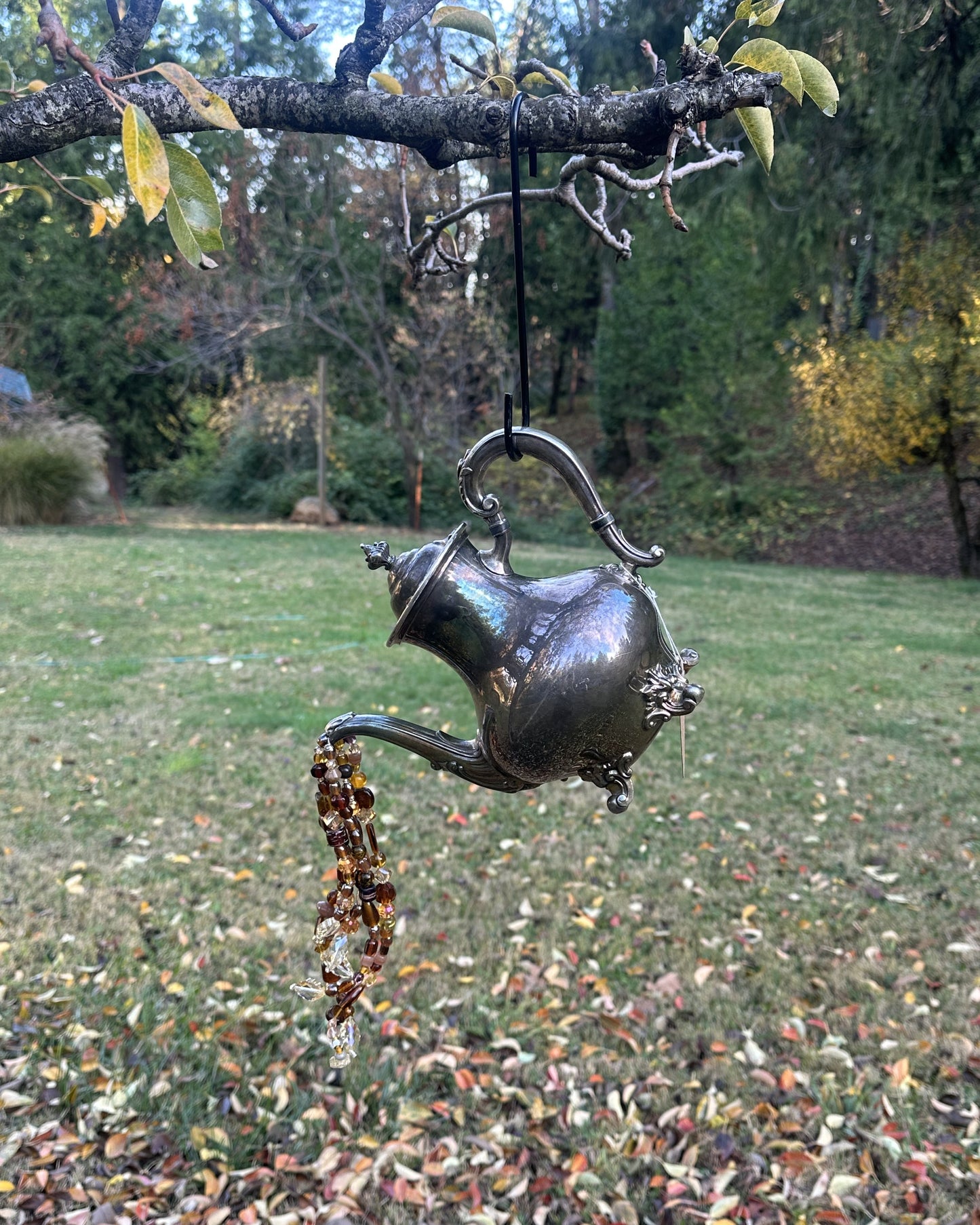 Sterling Silver Crystal Pouring Teapot – Amber & Gold Faceted Glass Cascade