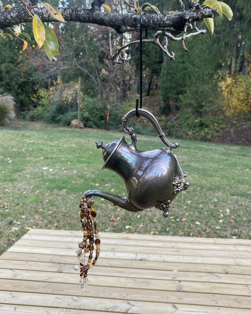 Sterling Silver Crystal Pouring Teapot – Amber & Gold Faceted Glass Cascade