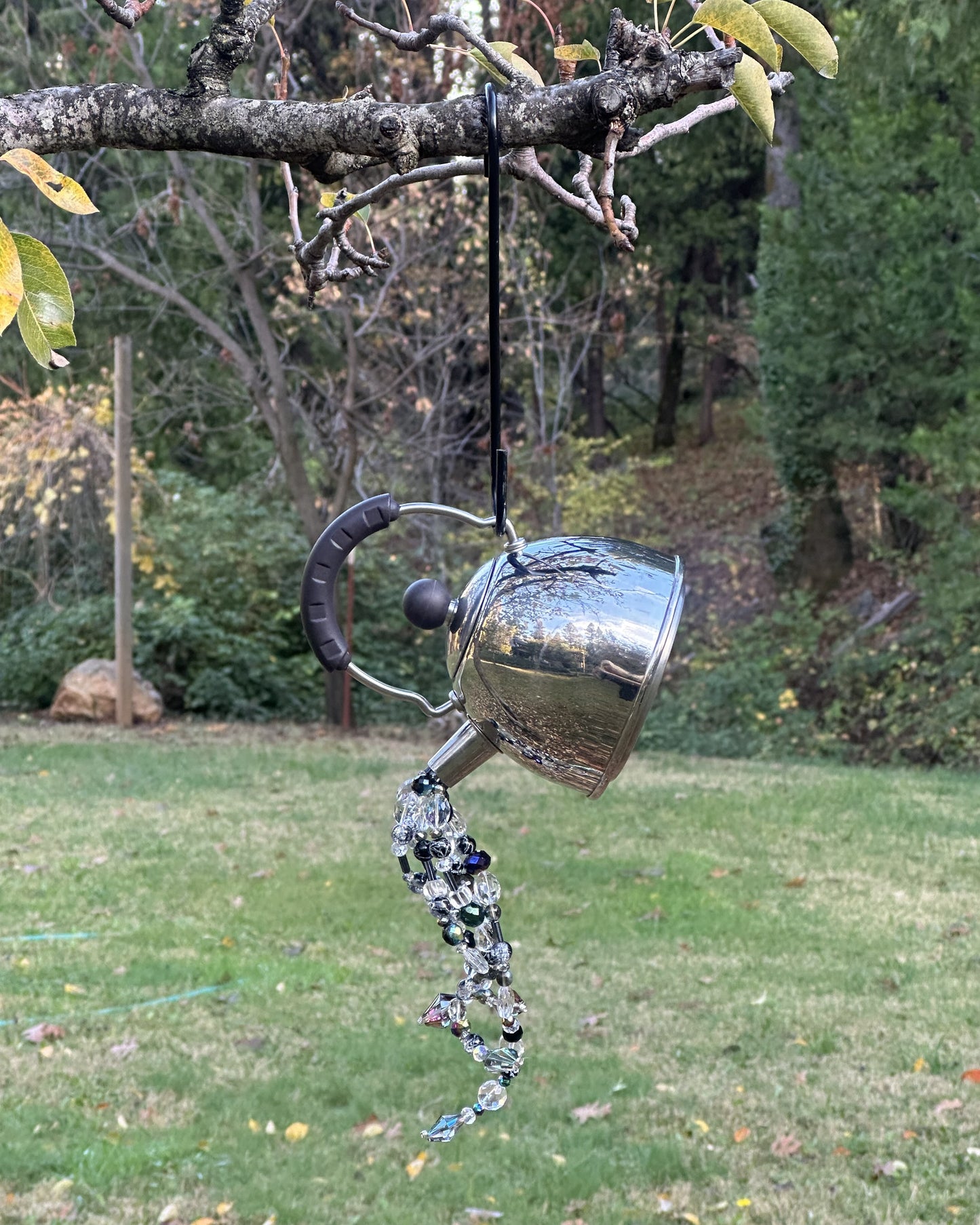 Silver Crystal Pouring Tea Kettle – Black, Gray & Clear Faceted Glass Cascade