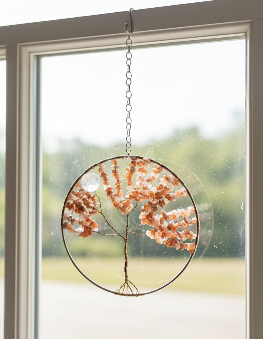 Carnelian, White Quartz and Antique Brass Tree of Life - 6-Inch Wall/Window Hanging