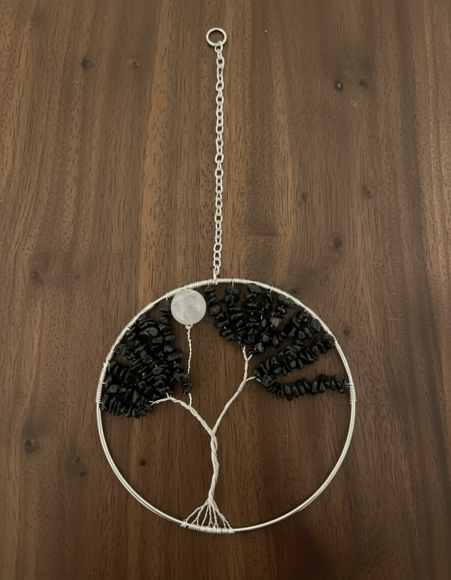 Black Jasper, White Quartz & Silver Tree of Life - 6-Inch Wall/Window Hanging