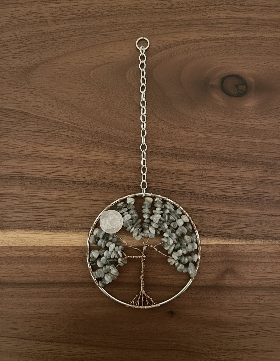Labradorite, White Quartz and Silver Tree of Life - 4-Inch Wall/Window Hanging