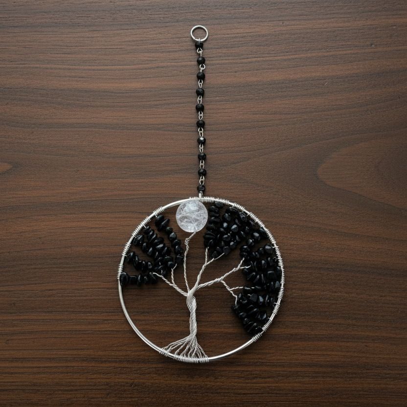 Black Jasper, White Quartz & Silver Tree of Life - 4-Inch Wall/Window Hanging