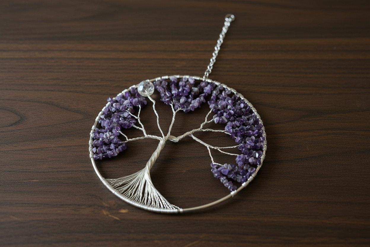 Amethyst, Quartz and Silver Tree of Life – 8-Inch Wall/Window Hanging