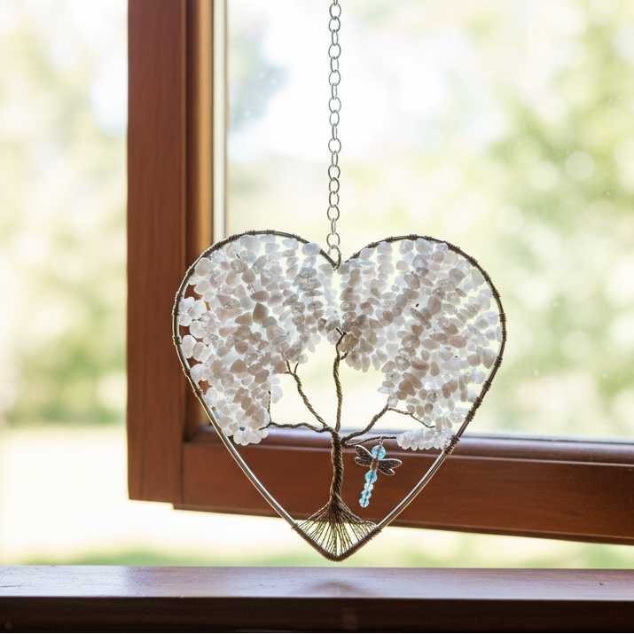 Rose Quartz Heart-Shaped Tree of Life - 6-Inch Wall/Window Hanging