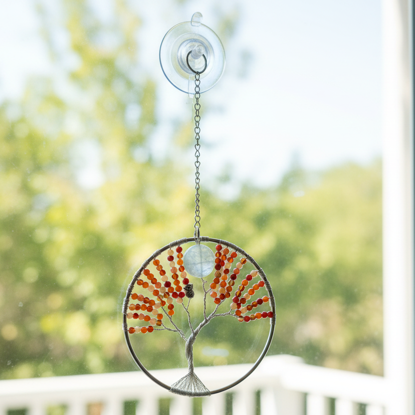 Carnelian, Orange Quartzite & White Quartz Tree of Life – 4 Inch Window/Wall Hanging