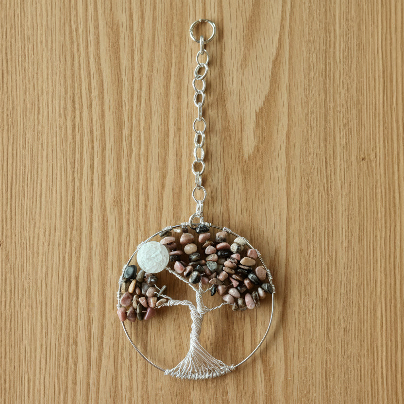 Rhodonite, Quartz & Silver Tree of Life – 3-Inch Wall or Window Hanging (Repurposed Silver Bangle Bracelet)