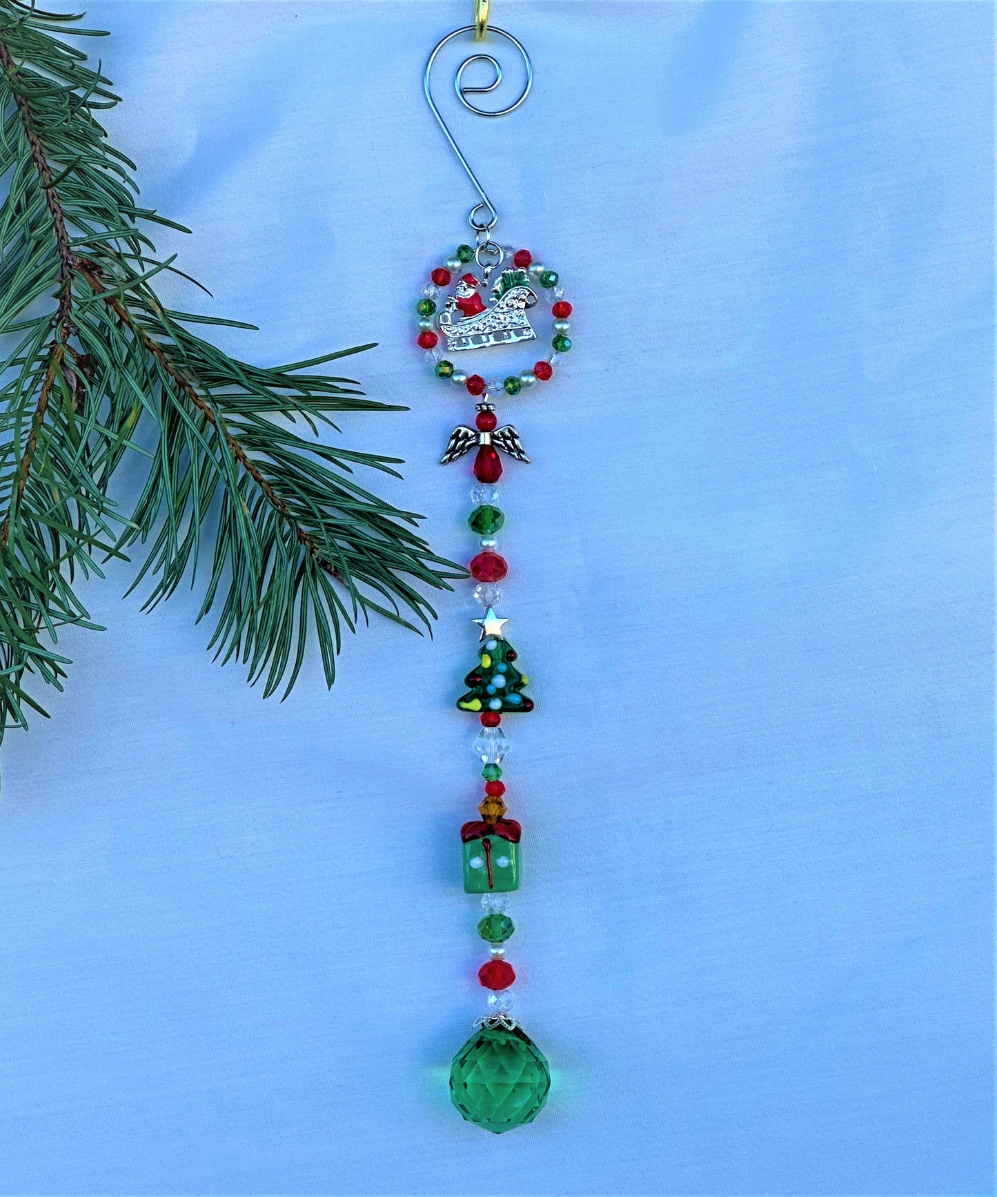 Red, Green and Clear Glass Crystal Holiday Ornament With Green Prism