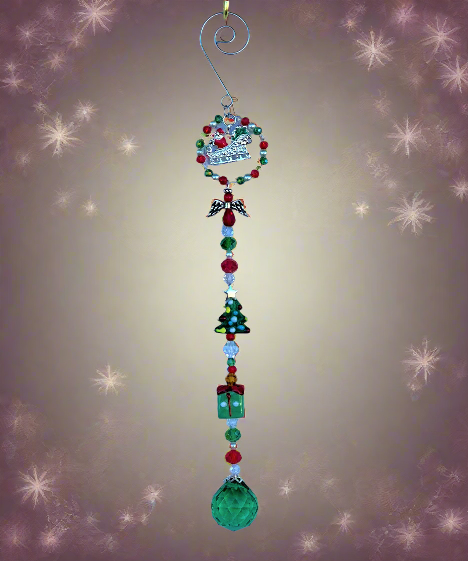 Red, Green and Clear Glass Crystal Holiday Ornament With Green Prism
