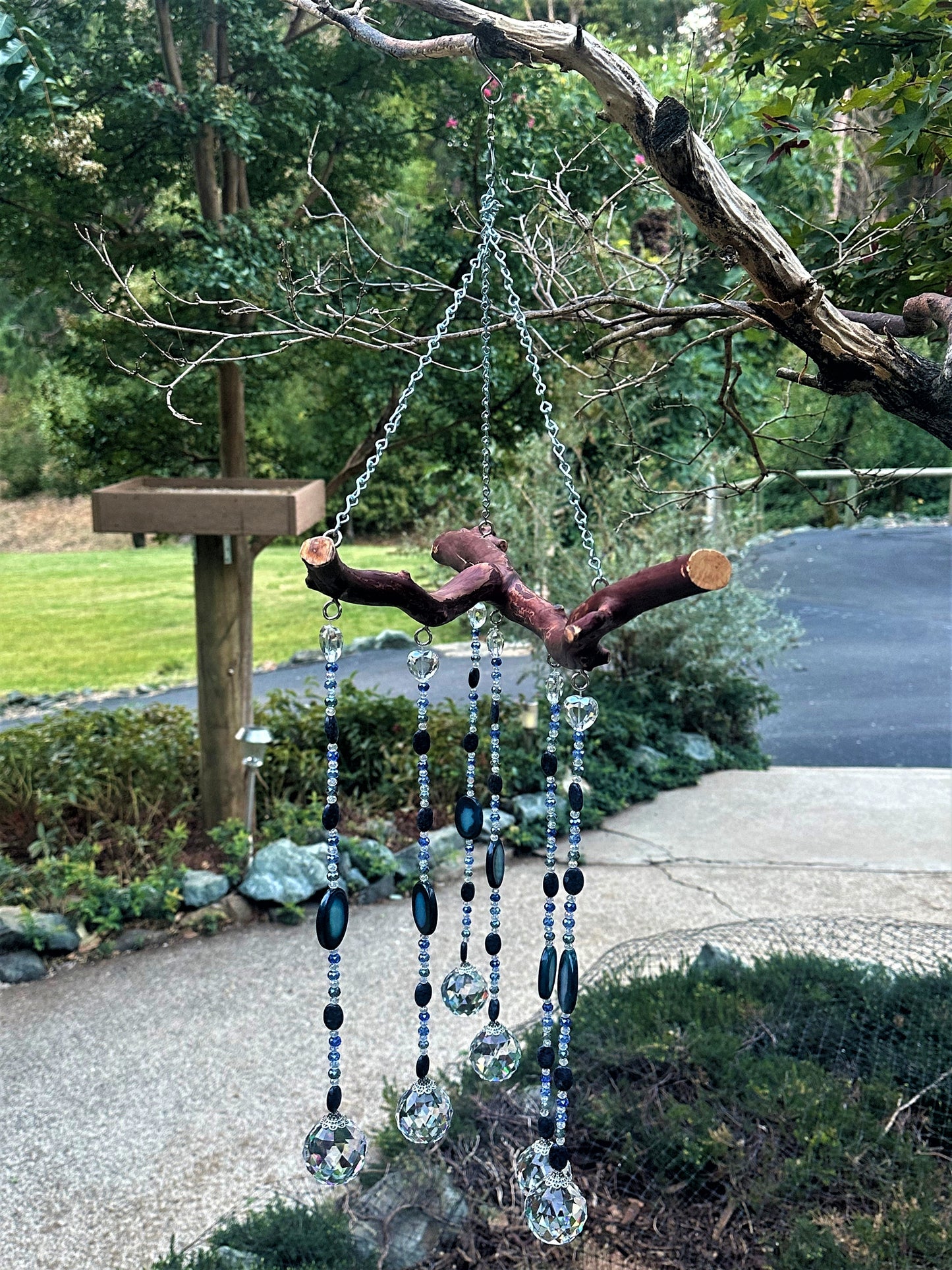 Six String Suncatcher Mobile on Manzanita Wood with Agate, Sodalite and Multi-Color Glass Crystal Beads