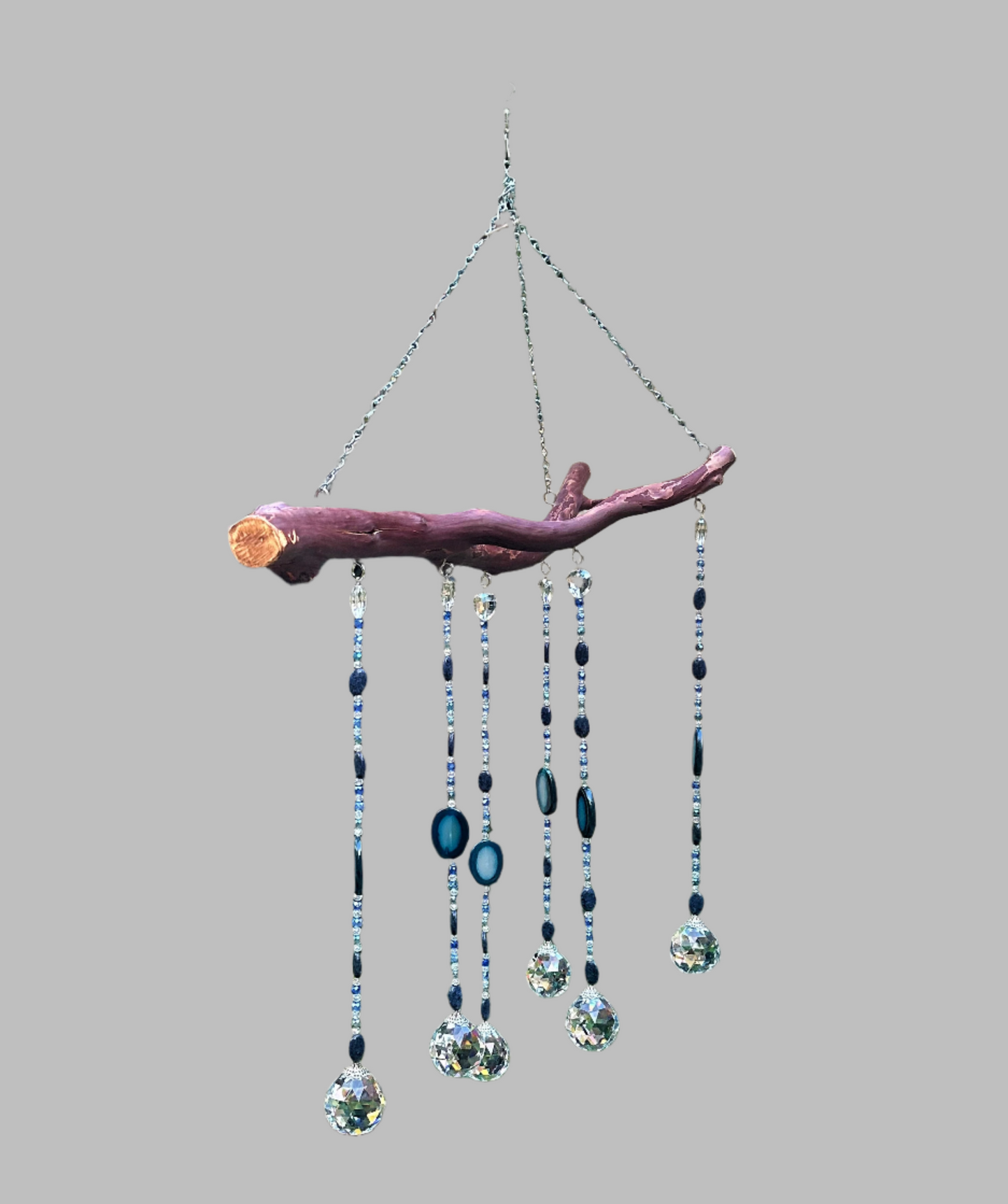 Six String Suncatcher Mobile on Manzanita Wood with Agate, Sodalite and Multi-Color Glass Crystal Beads
