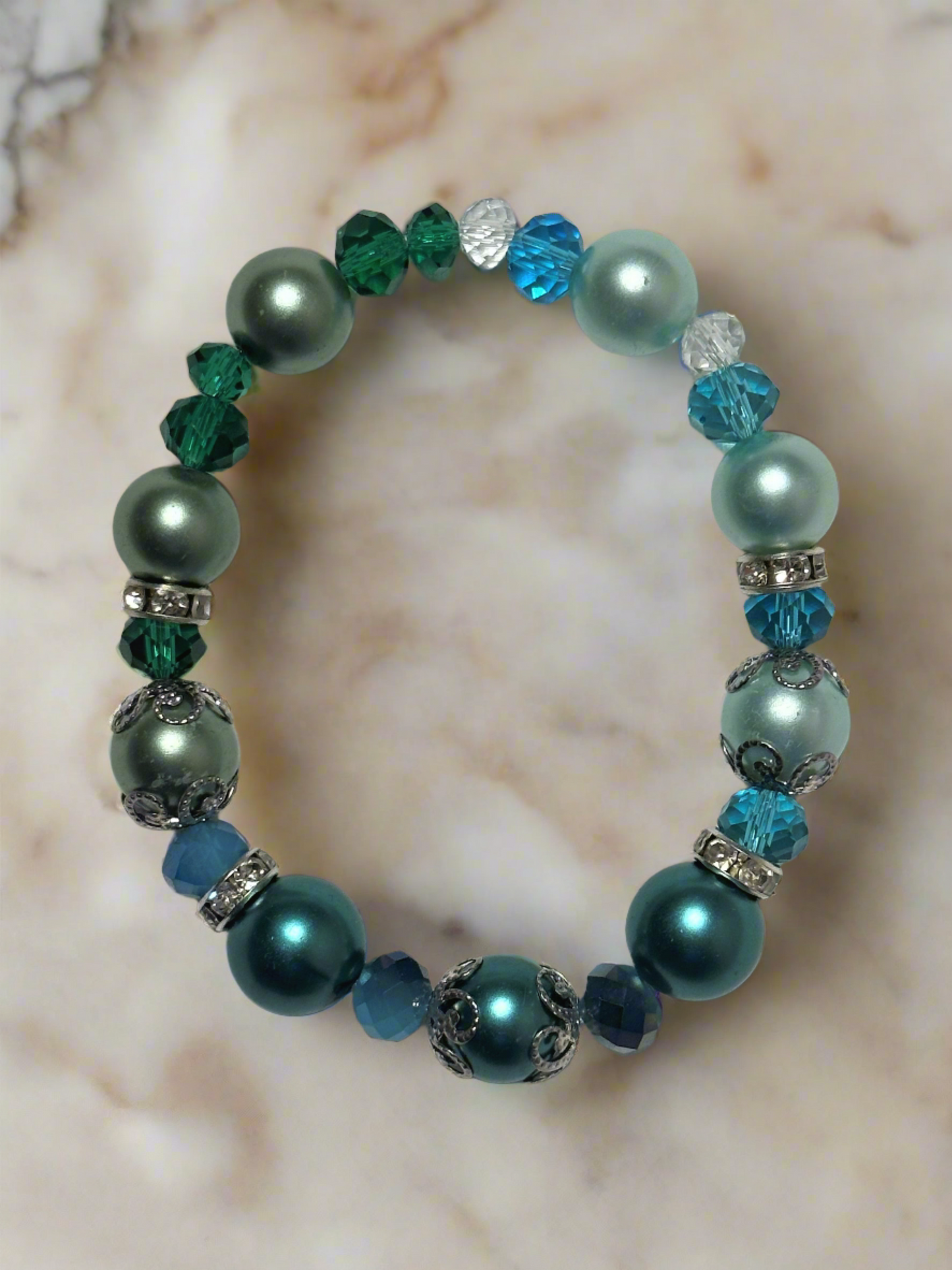 Vintage Teal and Light Blue Glass Pearl Bracelet