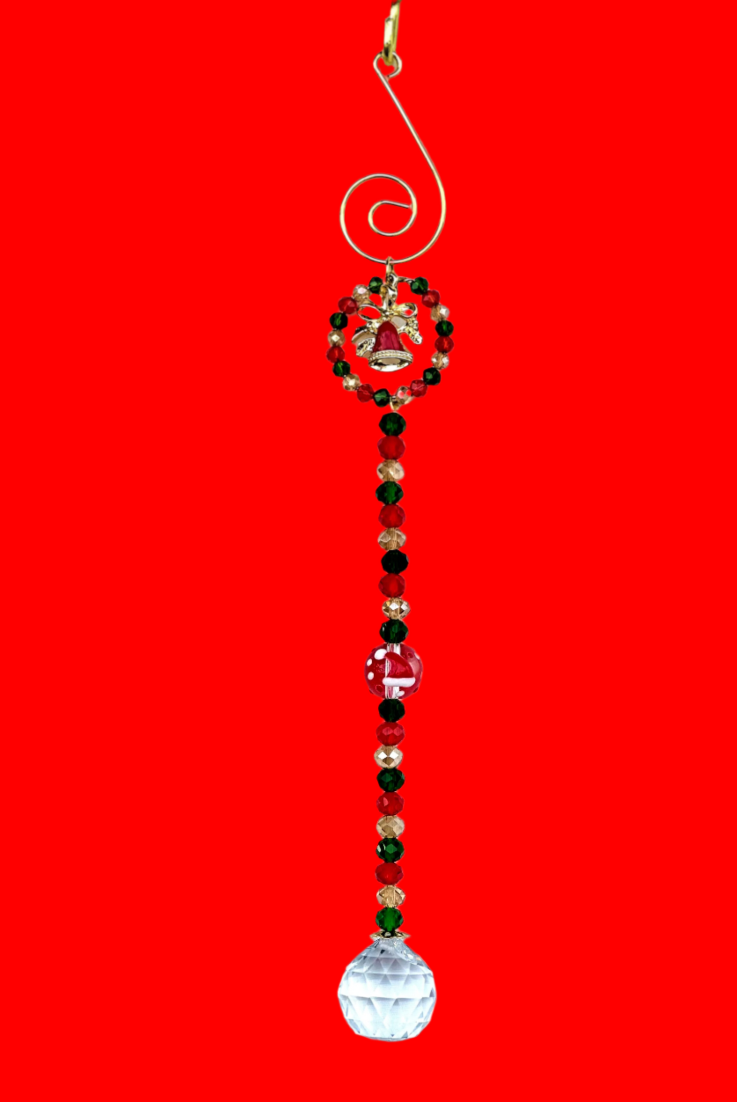 Red, Green and Gold Christmas Ornament with Red Bell and Glass Ball Santa Hat