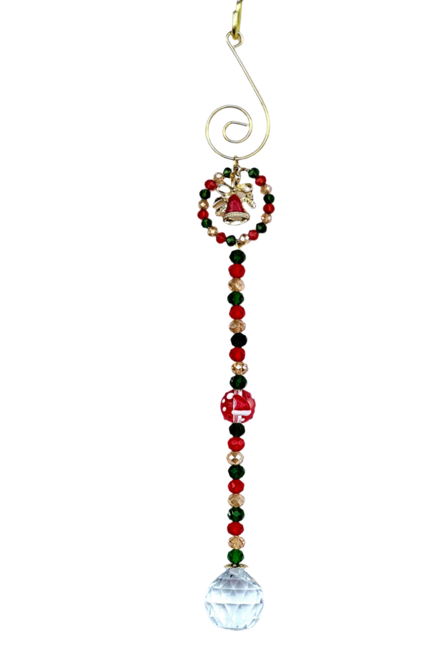 Red, Green and Gold Christmas Ornament with Red Bell and Glass Ball Santa Hat