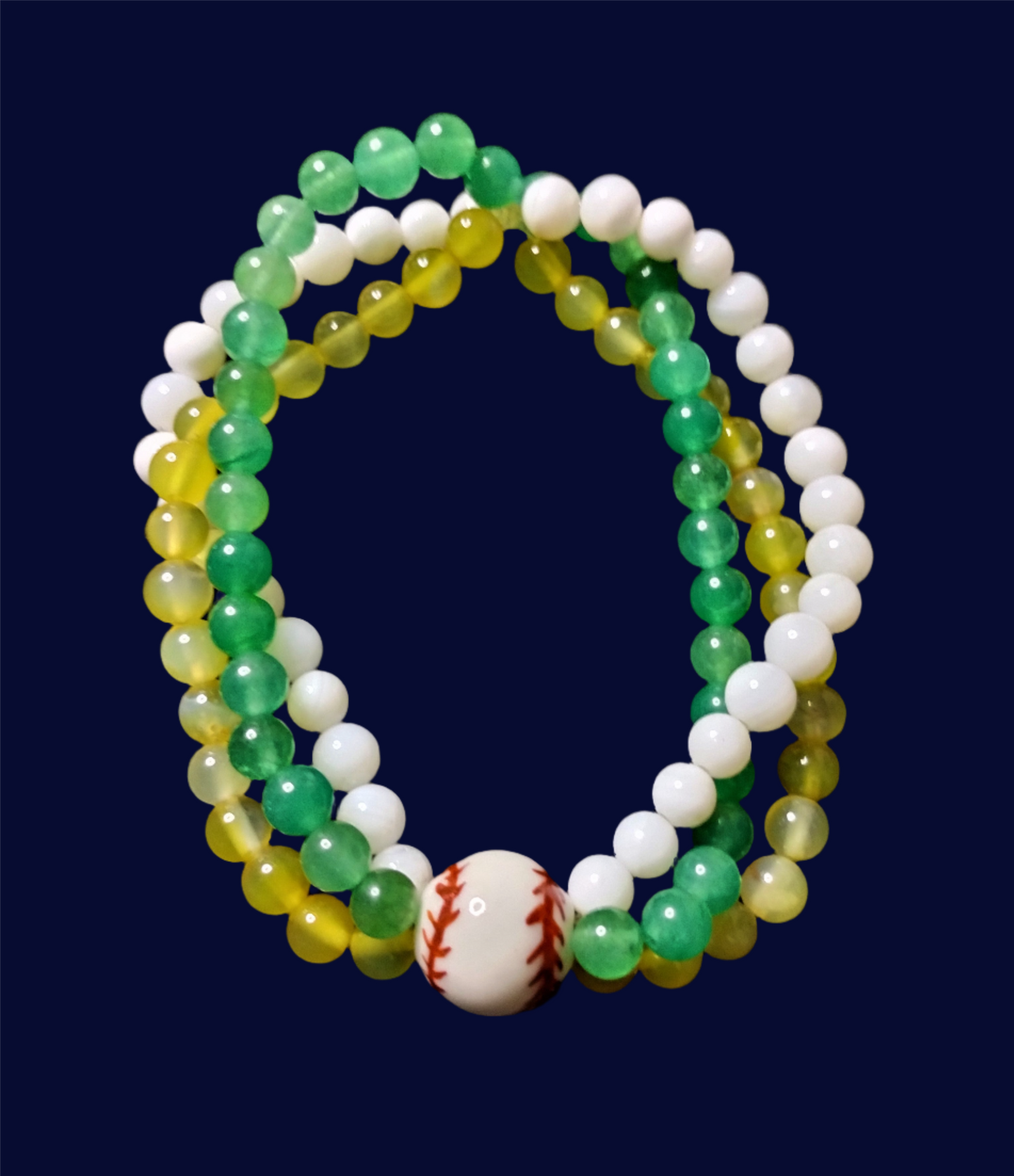 Three Strand Stretch Bracelet with Green Aventurine, Yellow Agate, White Shell and Baseball Center Bead