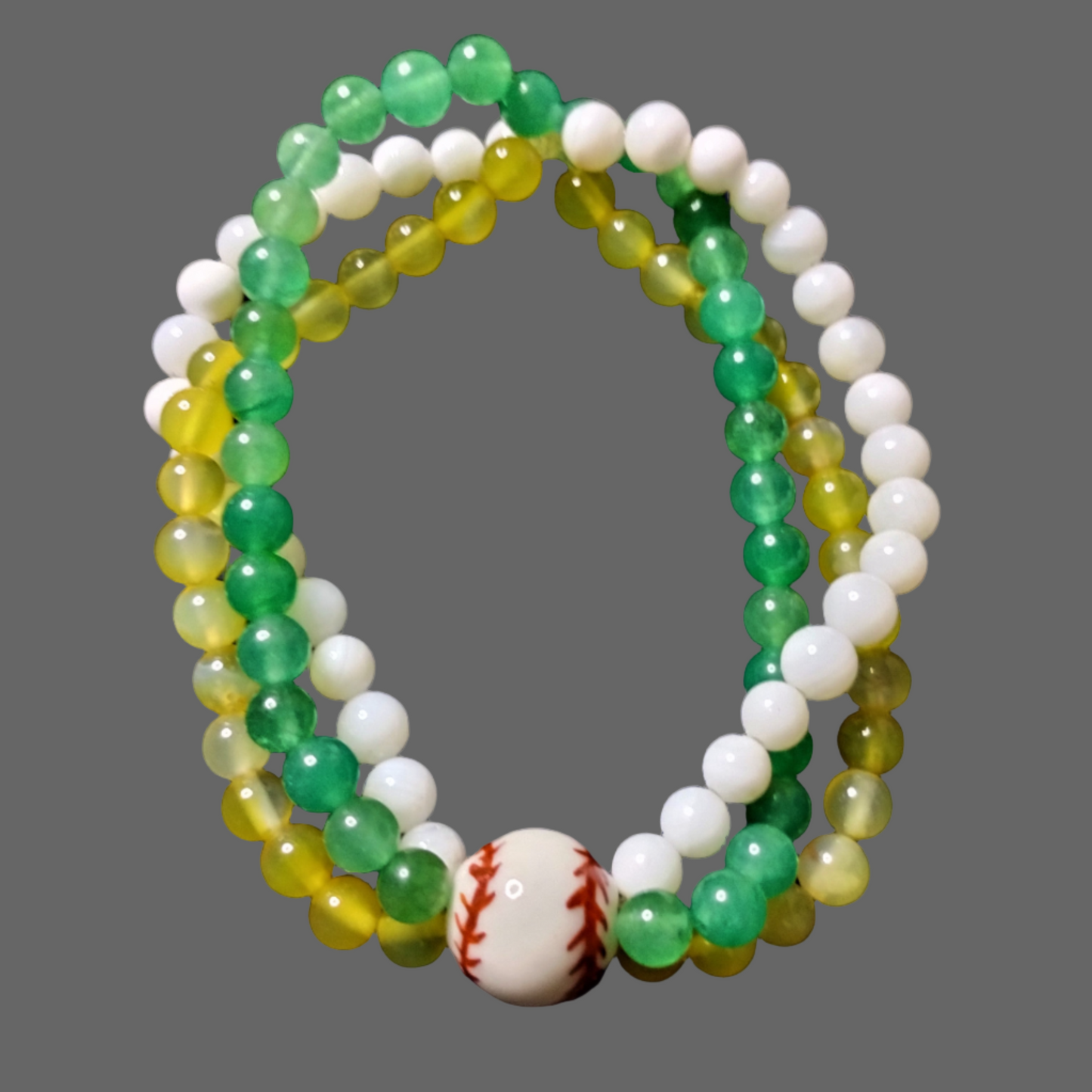 Baseball-Themed Bracelet with Green Aventurine, Yellow Agate, and White Shell Beads