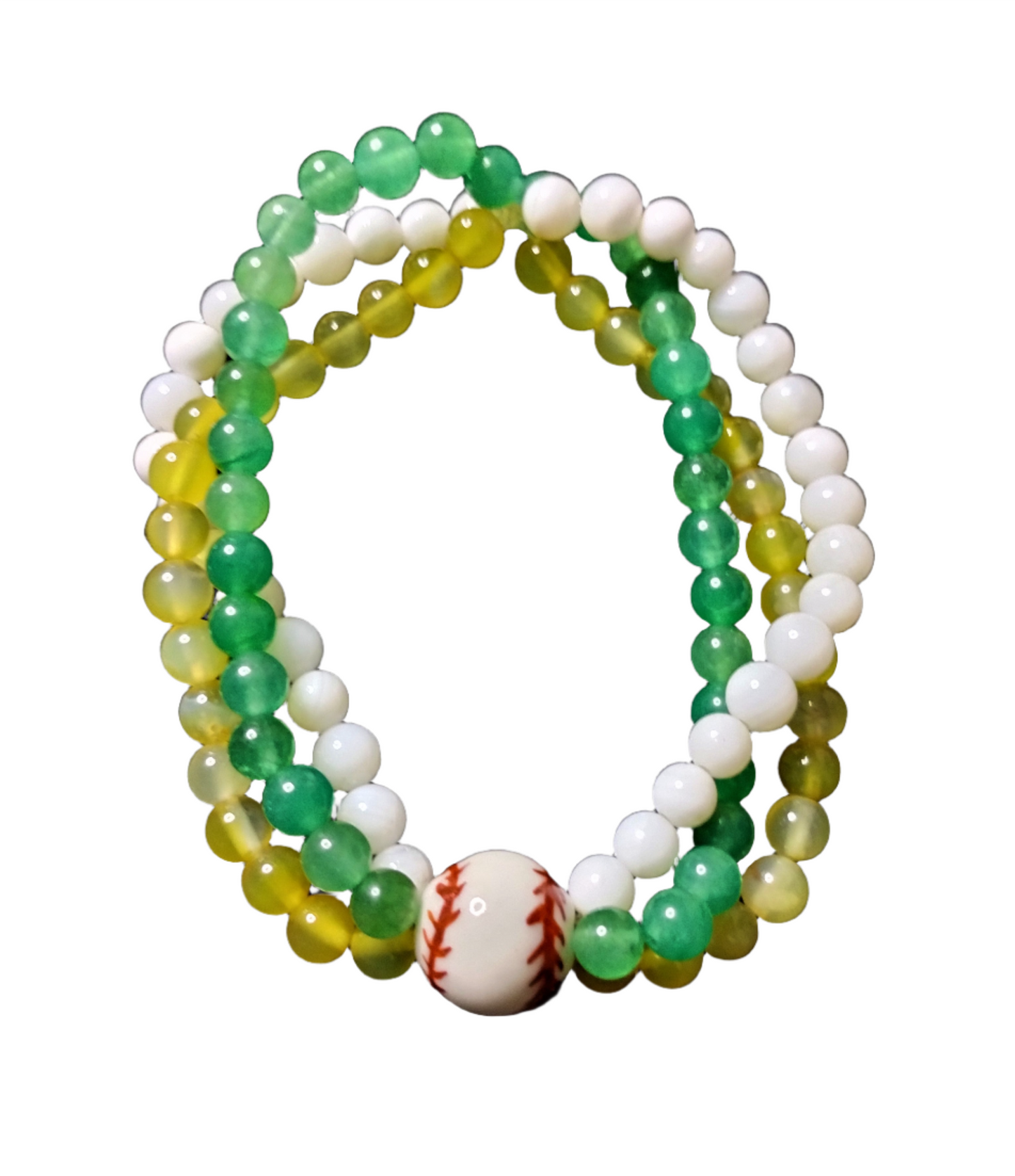 Three Strand Stretch Bracelet with Green Aventurine, Yellow Agate, White Shell and Baseball Center Bead