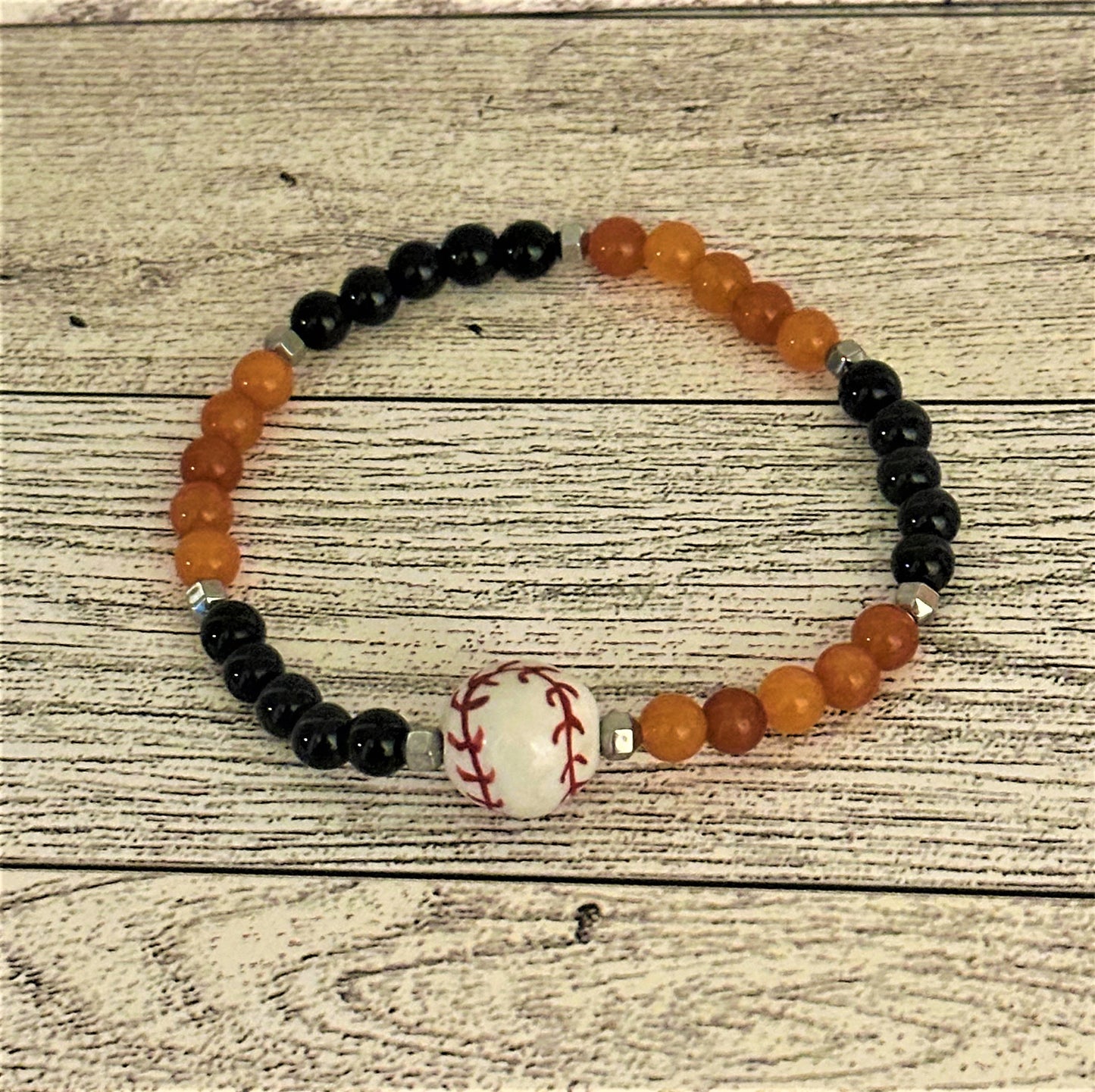 Black Jasper and Orange Quartzite Baseball Themed Bracelet ⚾