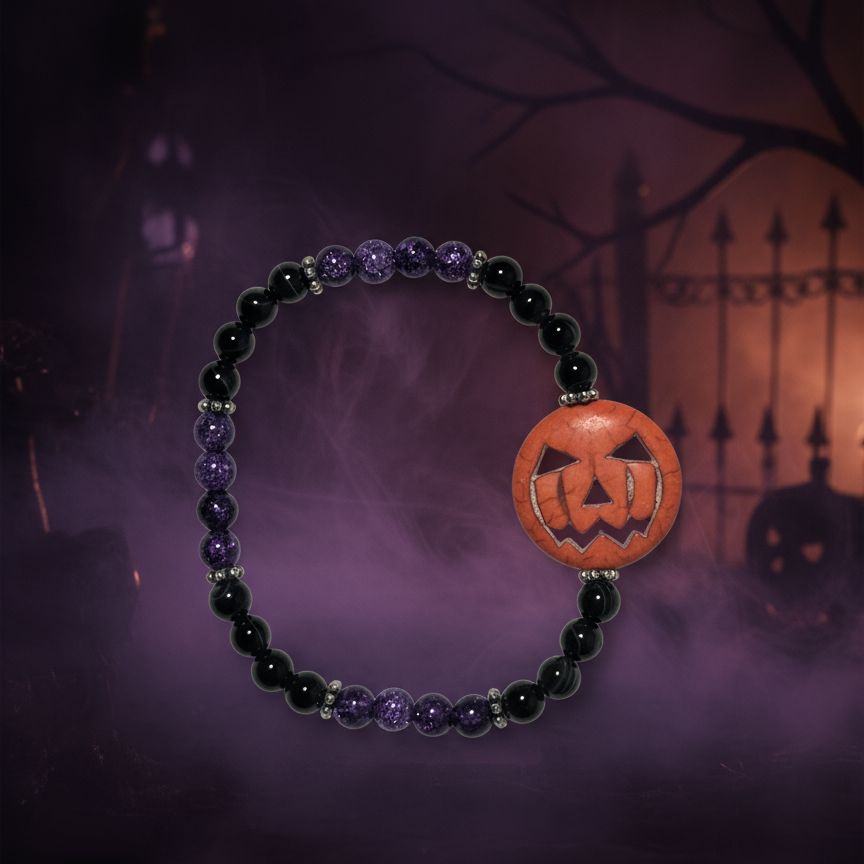 Black Striped Agate, Purple Crackle Quartz With a 25 mm Pumpkin Center Bead Bracelet