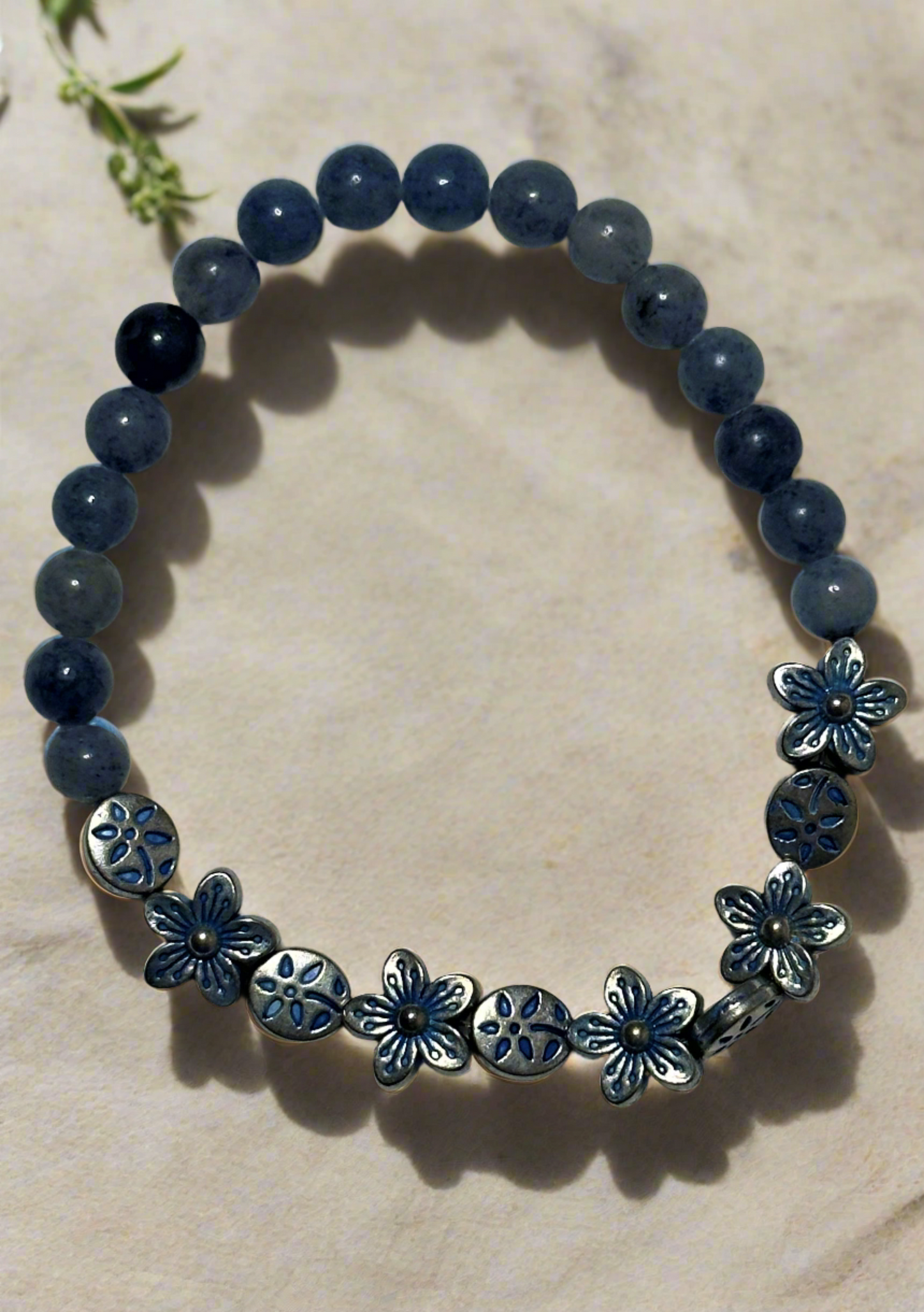 Blue Aventurine With Silver and Blue Flower Mix Bracelet