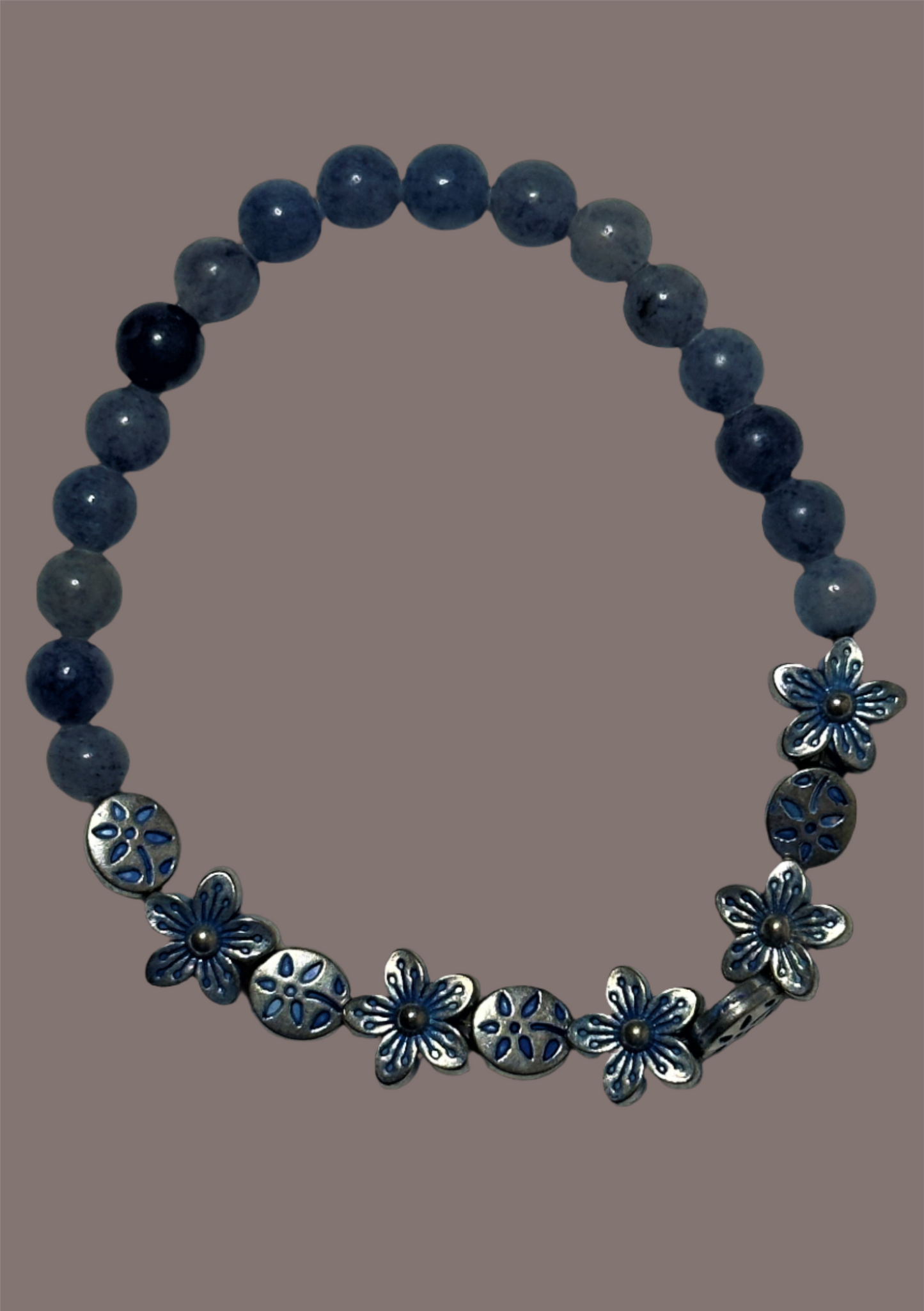 Blue Aventurine With Silver and Blue Flower Mix Bracelet
