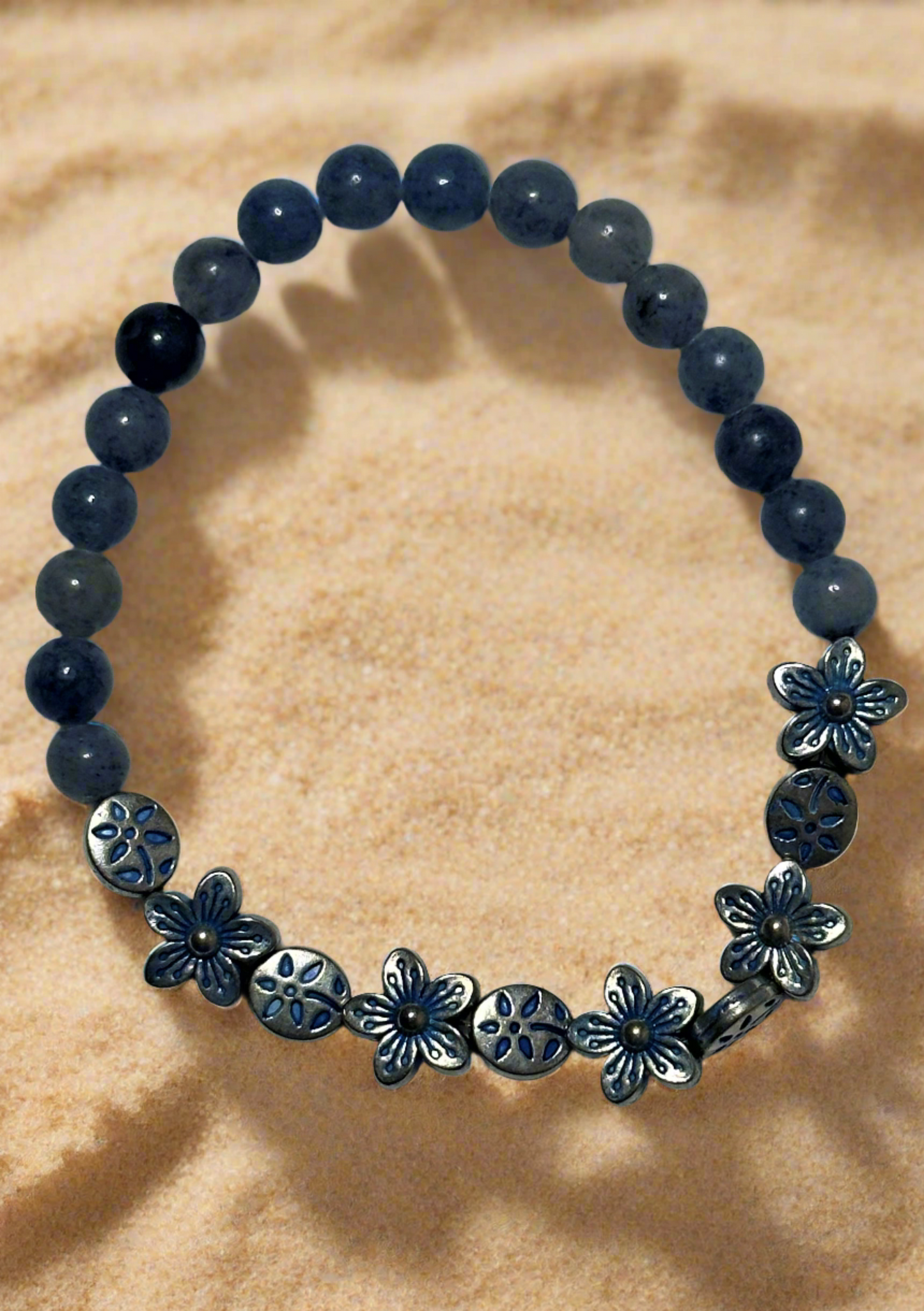Blue Aventurine With Silver and Blue Flower Mix Bracelet