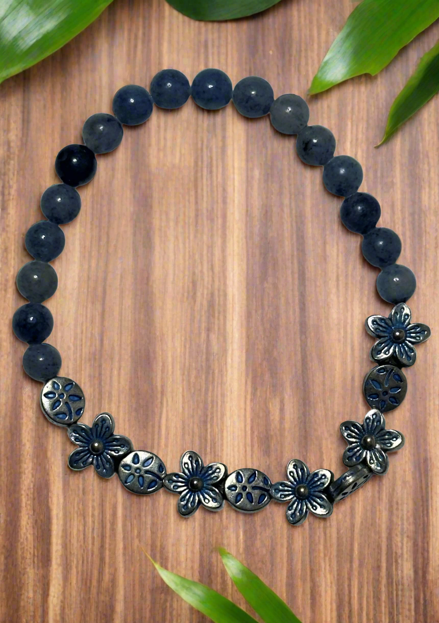 Blue Aventurine With Silver and Blue Flower Mix Bracelet