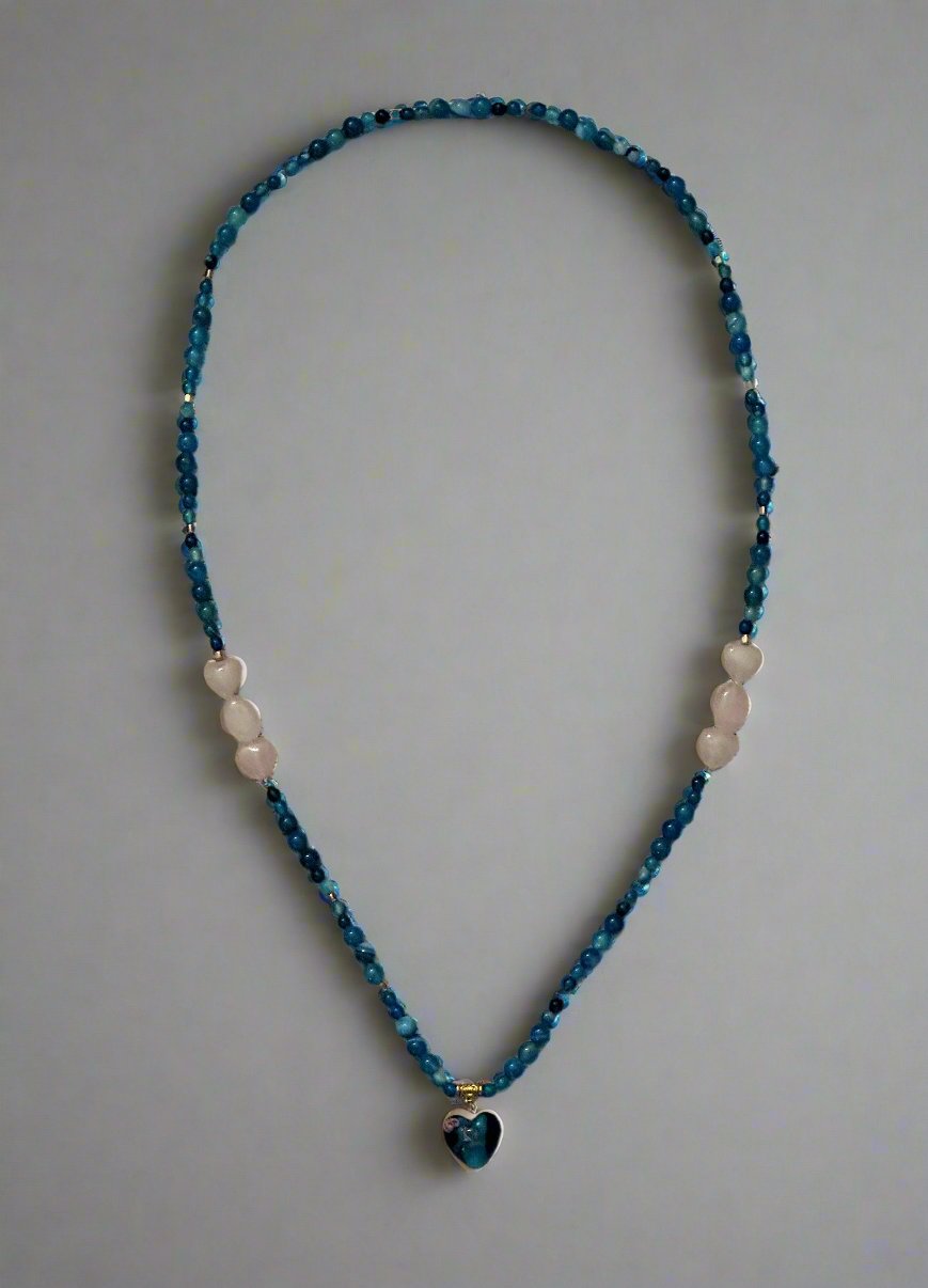 Blue Striped Agate and Rose Quartz Hearts Necklace