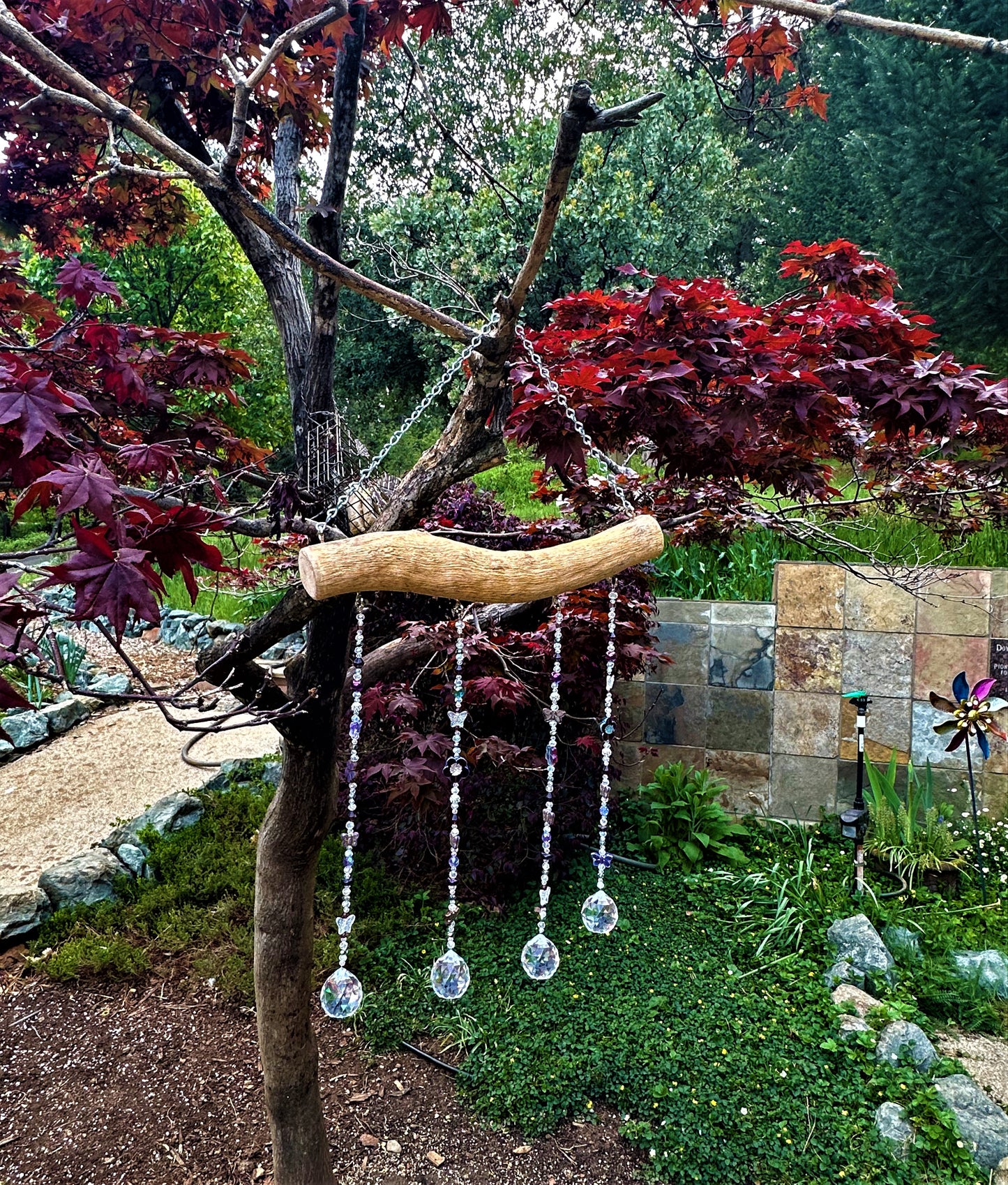 Purple and Clear Glass and Crystal Bead Suncatcher Mobile on Oak Featuring Butterflies and Flowers