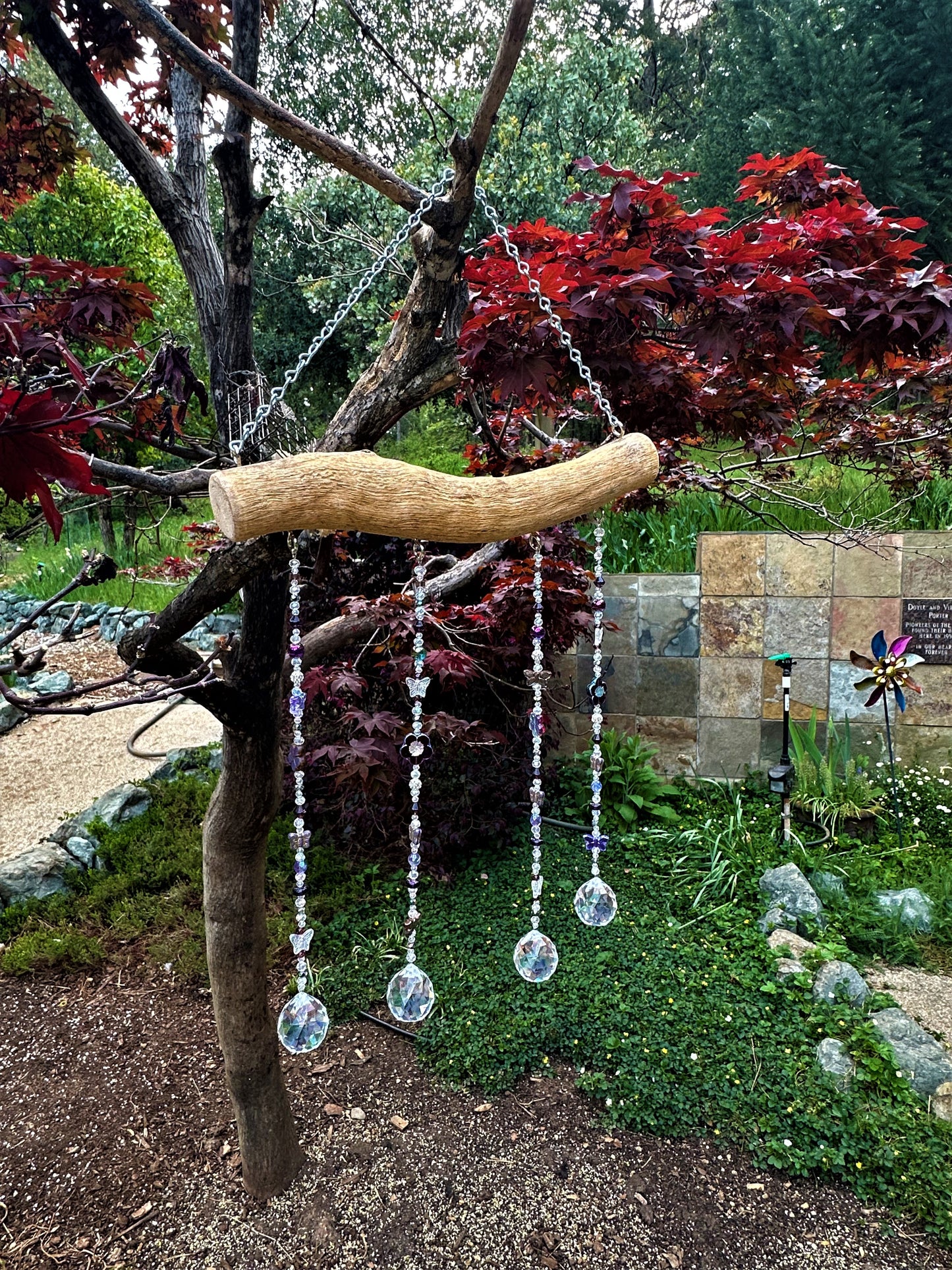 Purple and Clear Glass and Crystal Bead Suncatcher Mobile on Oak Featuring Butterflies and Flowers
