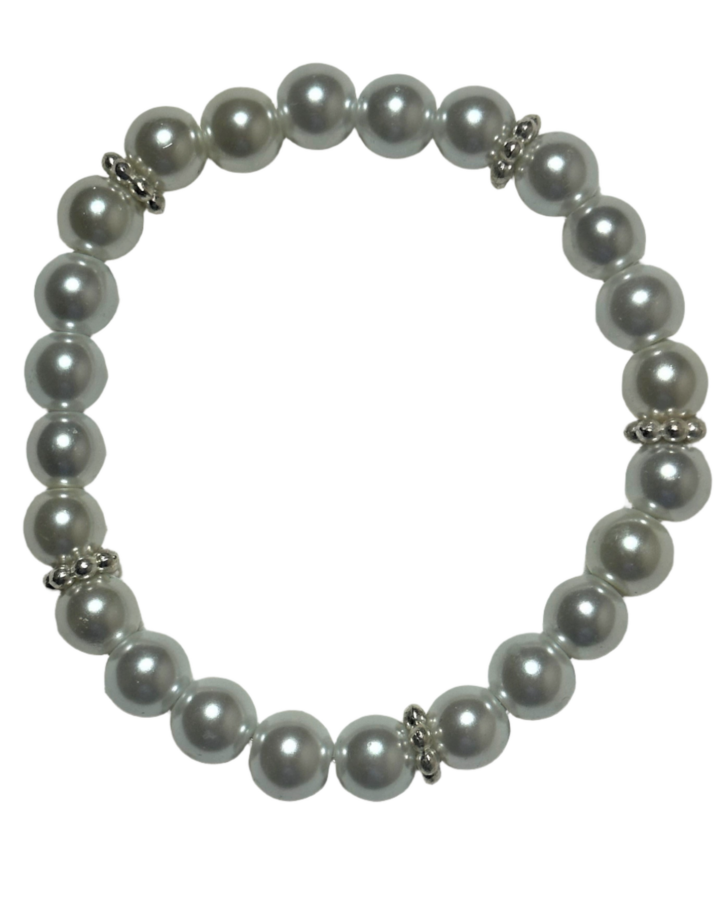 White Glass Peal with Silver Dot Rondell Spacers Bracelet
