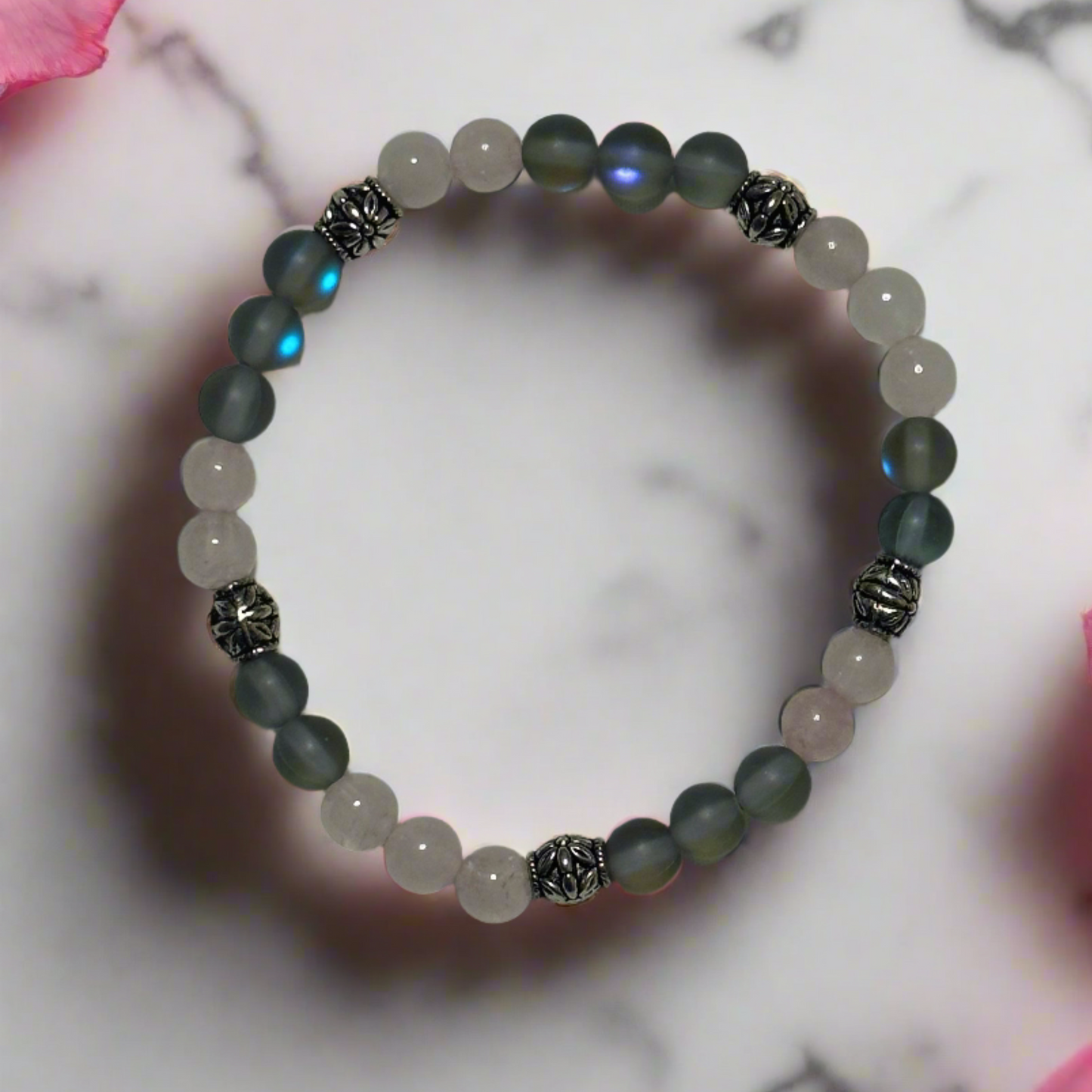 Rose Quartz and Gray Glass Opal Bead Bracelet