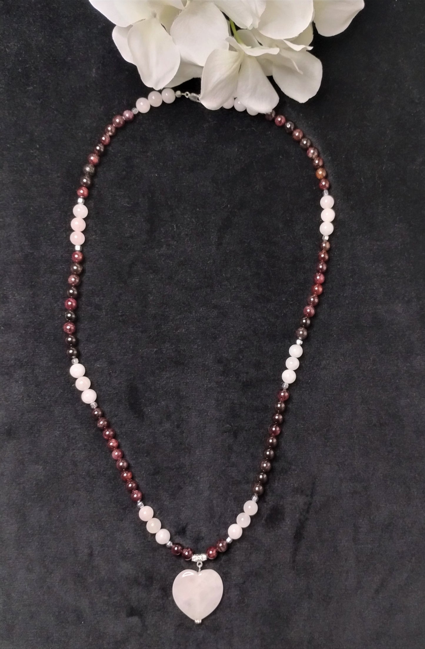 Chinese Garnet and Rose Quartz Necklace with Rose Quart Heart Pendant