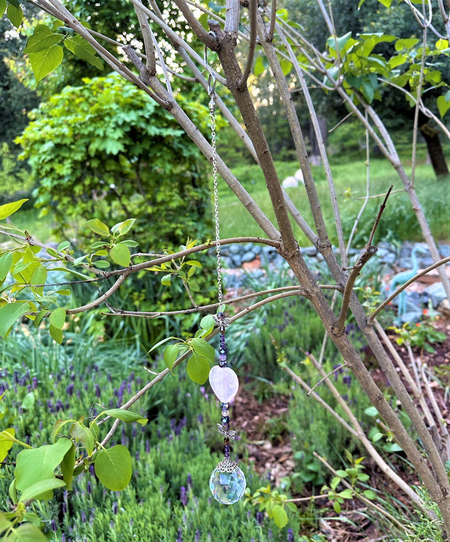 Rose Quartz Heart and Dragon Fly Suncatcher