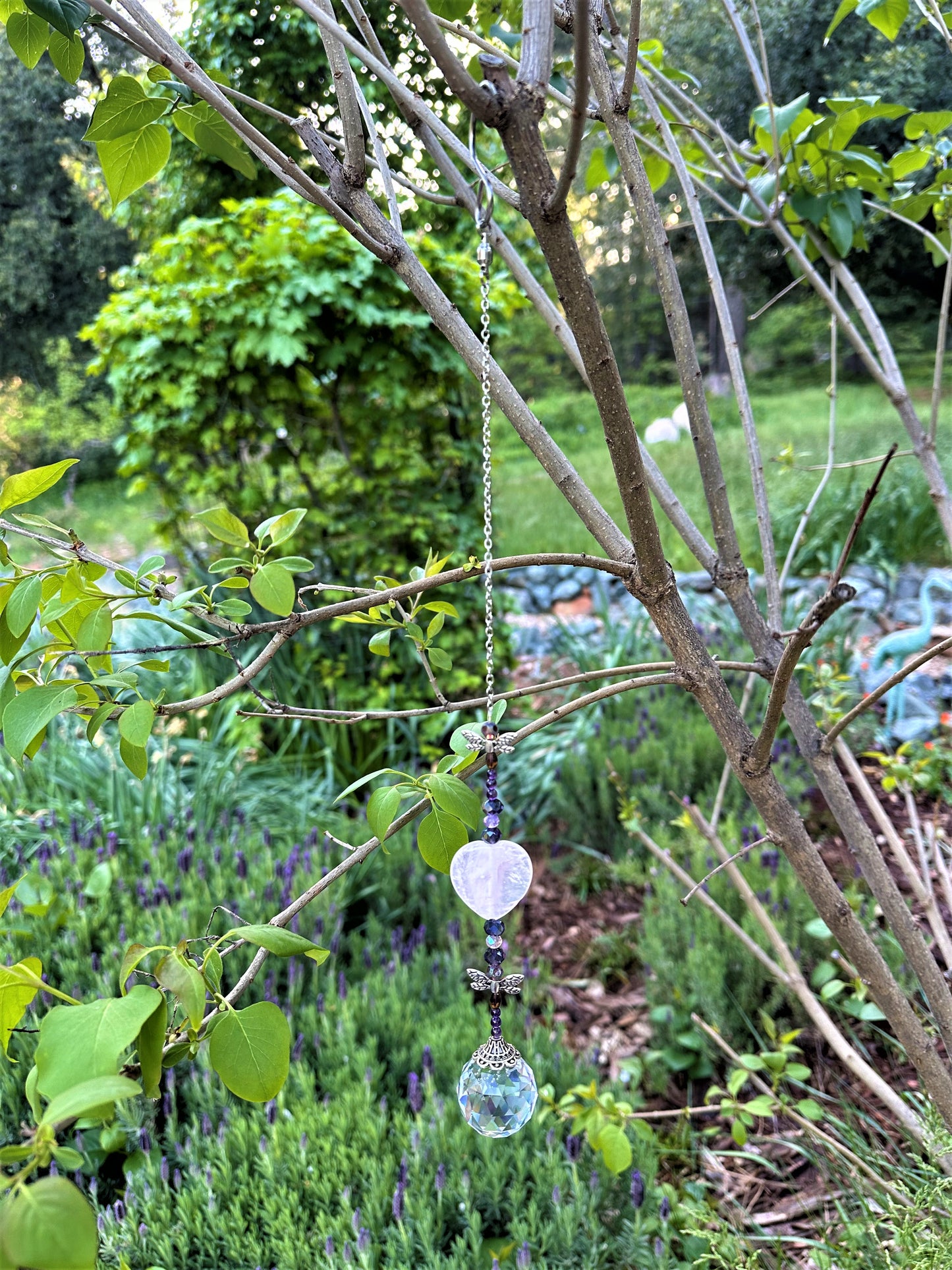 Rose Quartz Heart and Dragon Fly Suncatcher