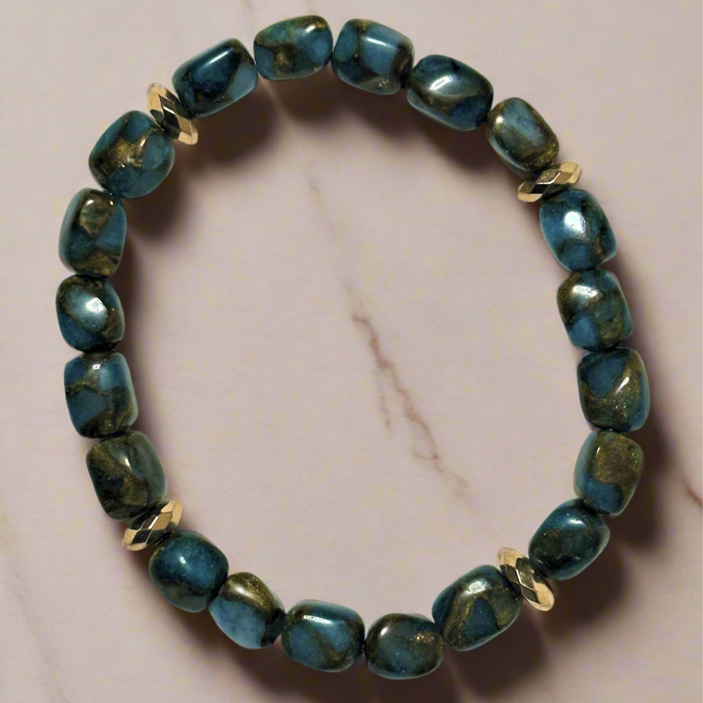 Light Blue Impression Jasper With Gold Hematite Lentil Spacers Bead Bracelet