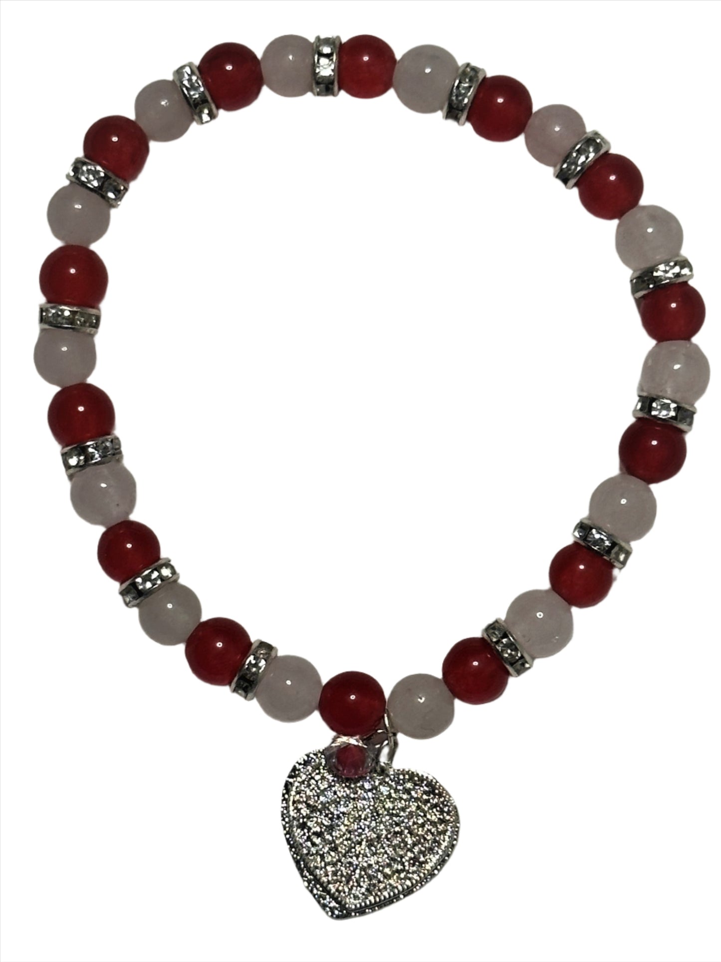 Rose Quartz and Red Quartzite With Silver Plated Heart Charm Bead Bracelet