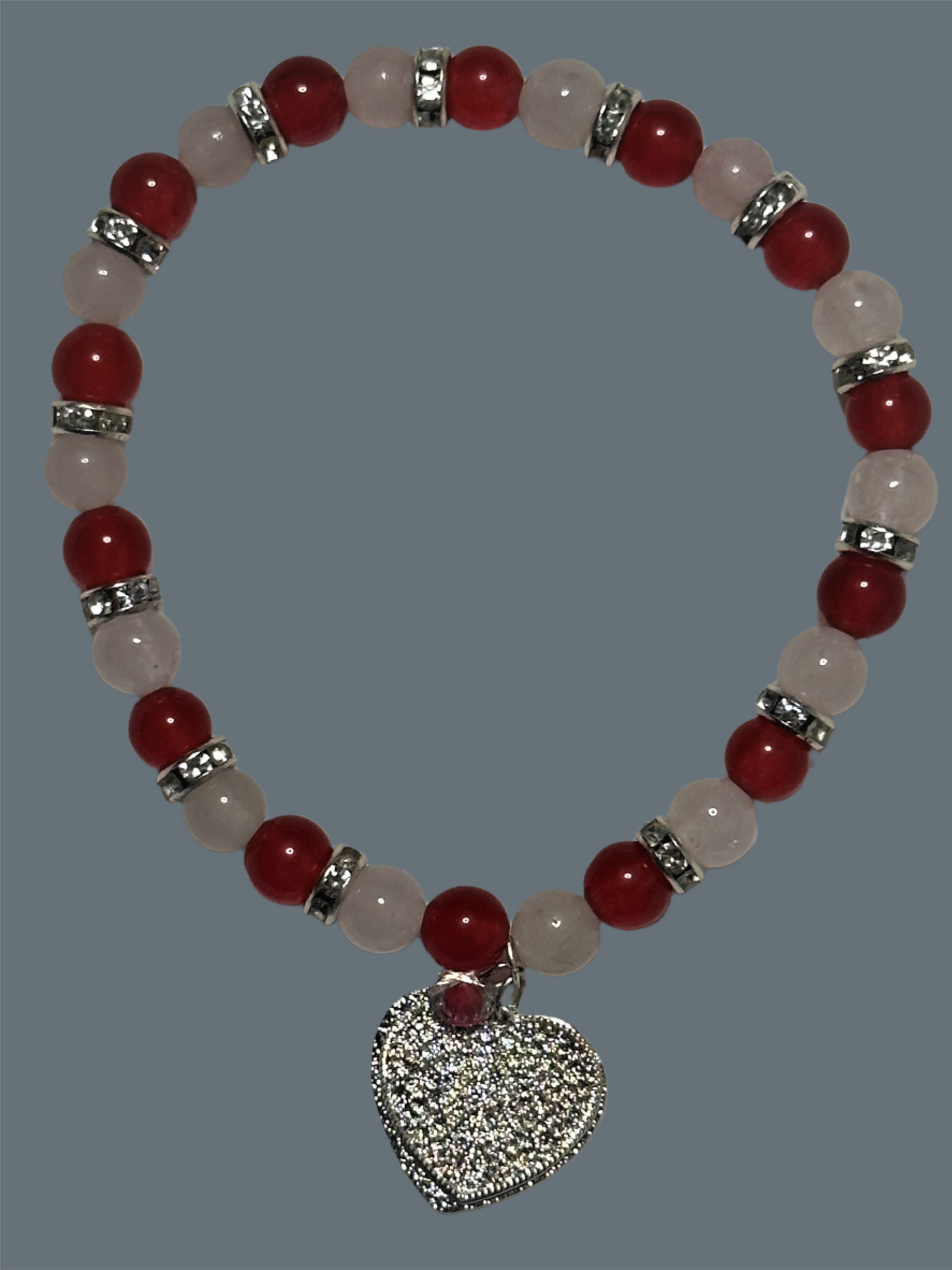Rose Quartz and Red Quartzite With Silver Plated Heart Charm Bead Bracelet