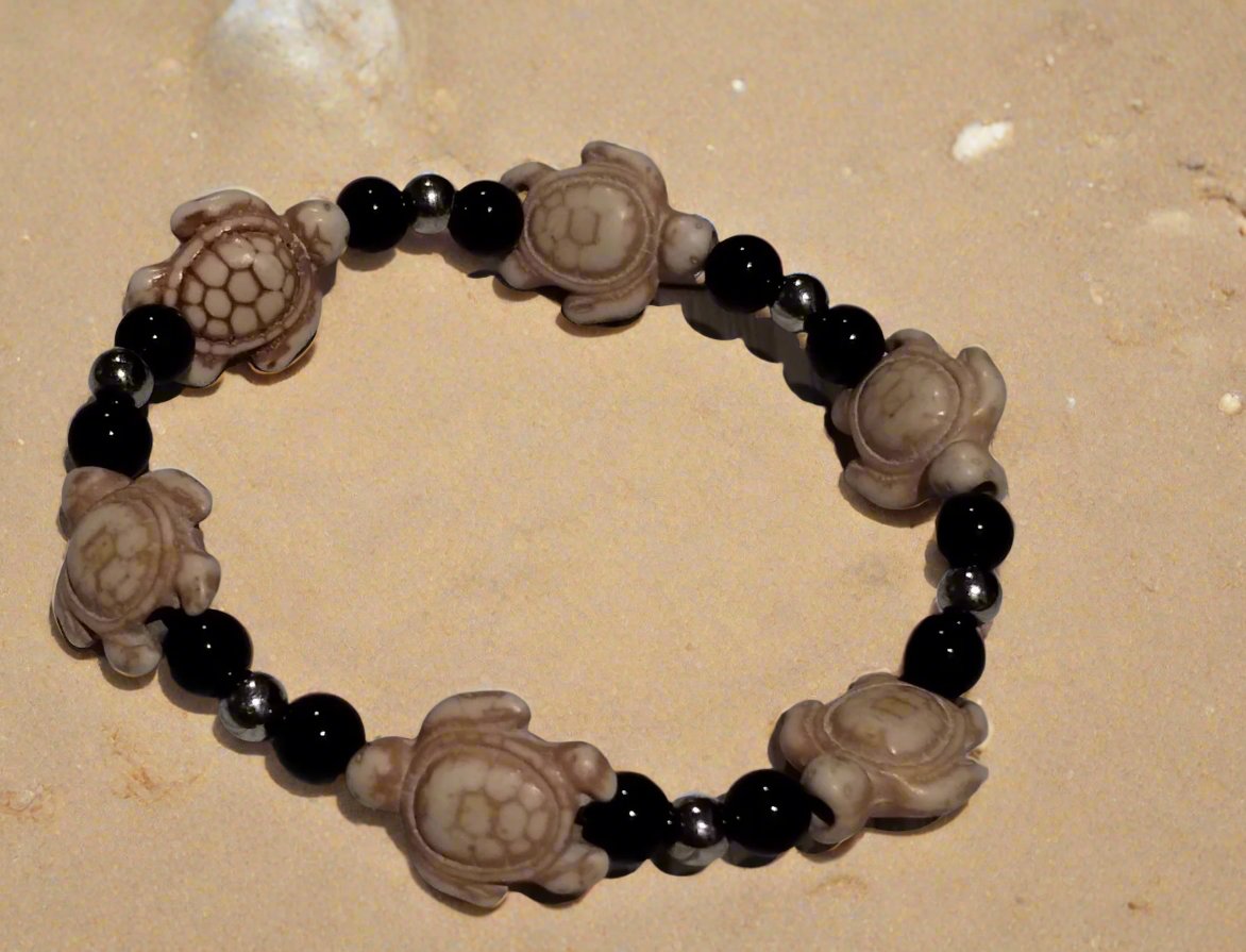 White Stone Turtle, Hematite and Black Jasper Bracelet