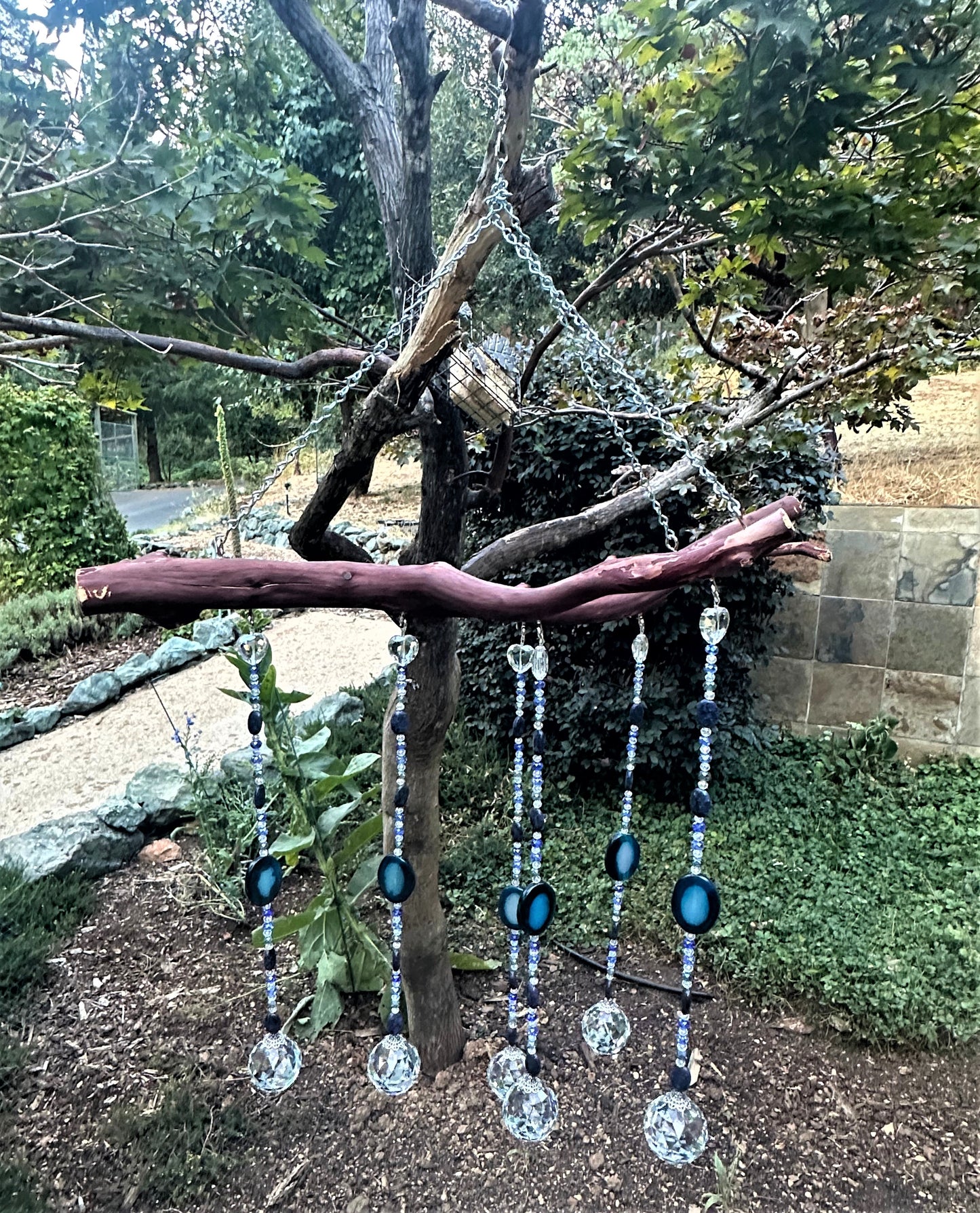 Six String Suncatcher Mobile on Manzanita Wood with Agate, Sodalite and Multi-Color Glass Crystal Beads