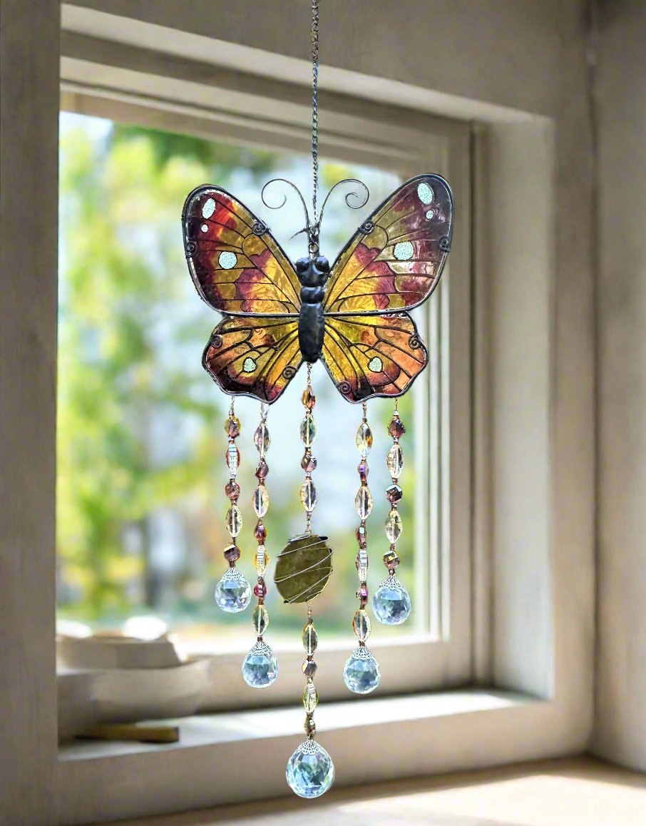 Topaz and Yellow Butterfly Suncatcher Mobile with Wire-Wrapped Centerpiece 🌞🦋✨