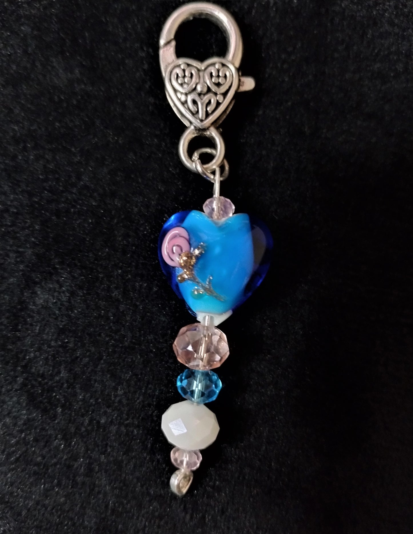 Blue Lampwork Glass Heart Purse/Backpack Charm